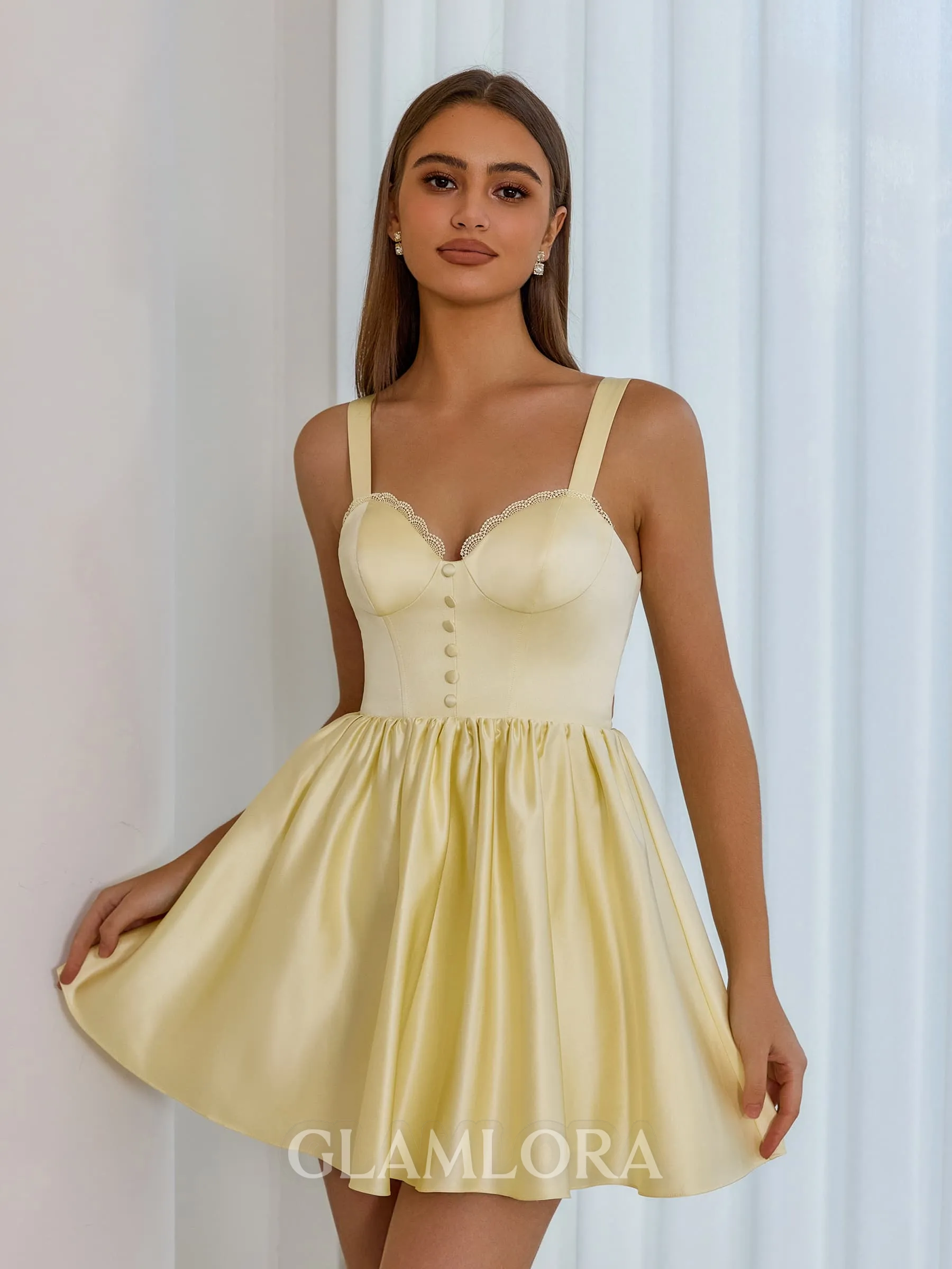 Glamorous A-line Straps Appliques Lace Short/Mini Satin Corset Homecoming Dress