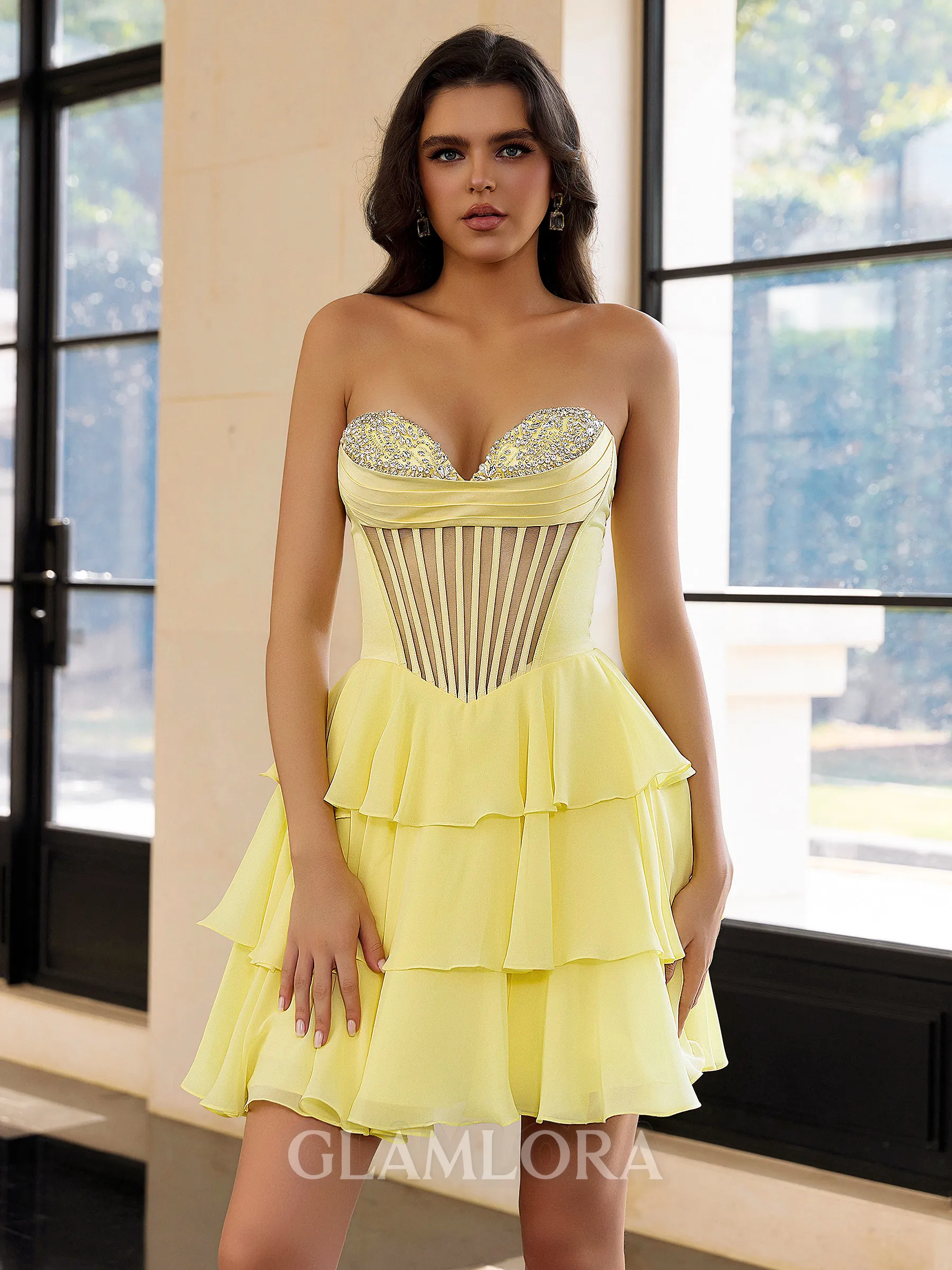Glam A-line Sweetheart Cascading Ruffles Short/Mini Chiffon Corset Homecoming Dress