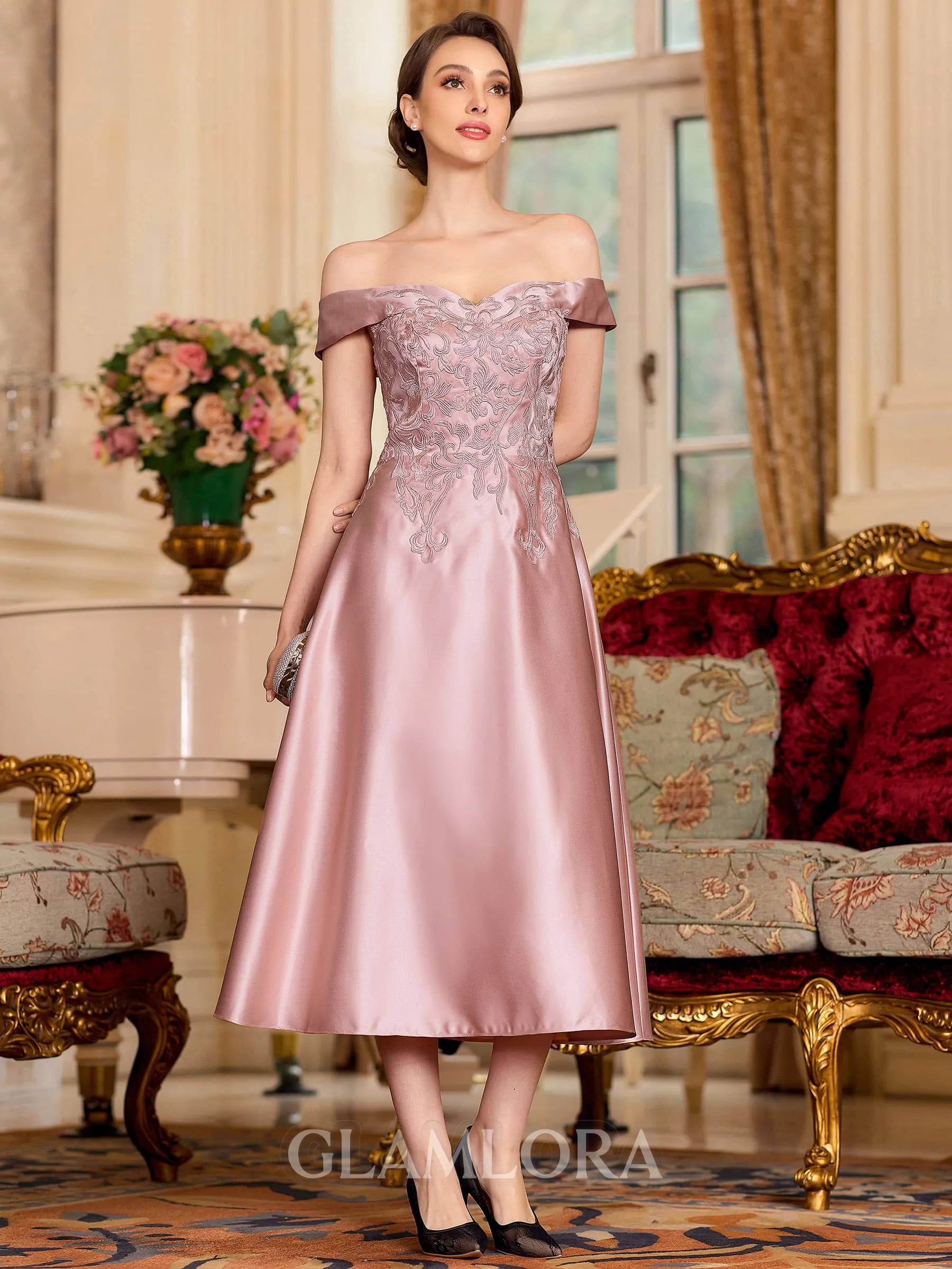 Tasteful A-Line Satin Applique Off-the-Shoulder Sleeveless Tea-Length Mother of the Bride Dress