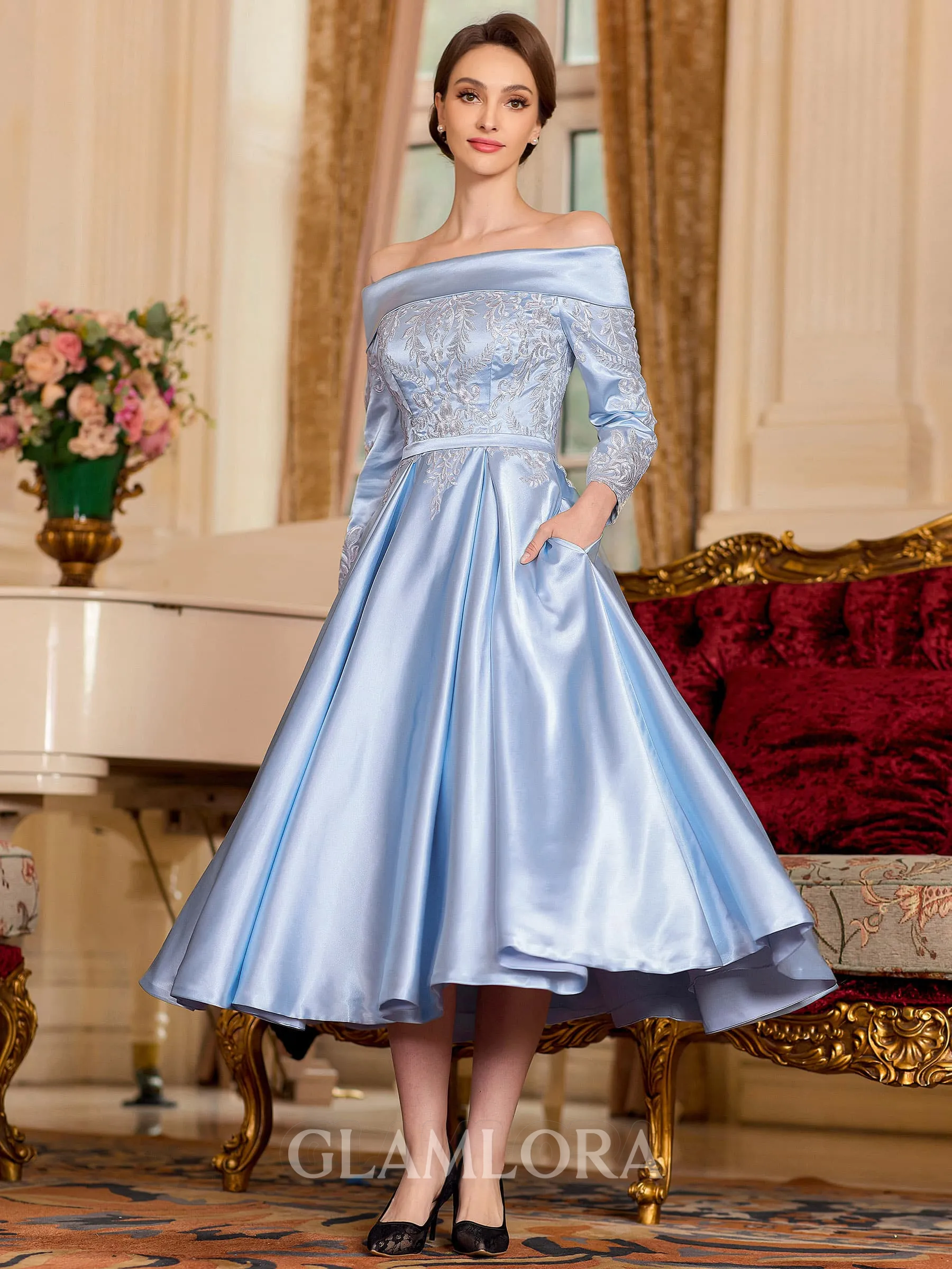Radiant A-Line Silk like Satin Ruched Off-the-Shoulder Long Sleeves Tea-Length Mother of the Bride Dress