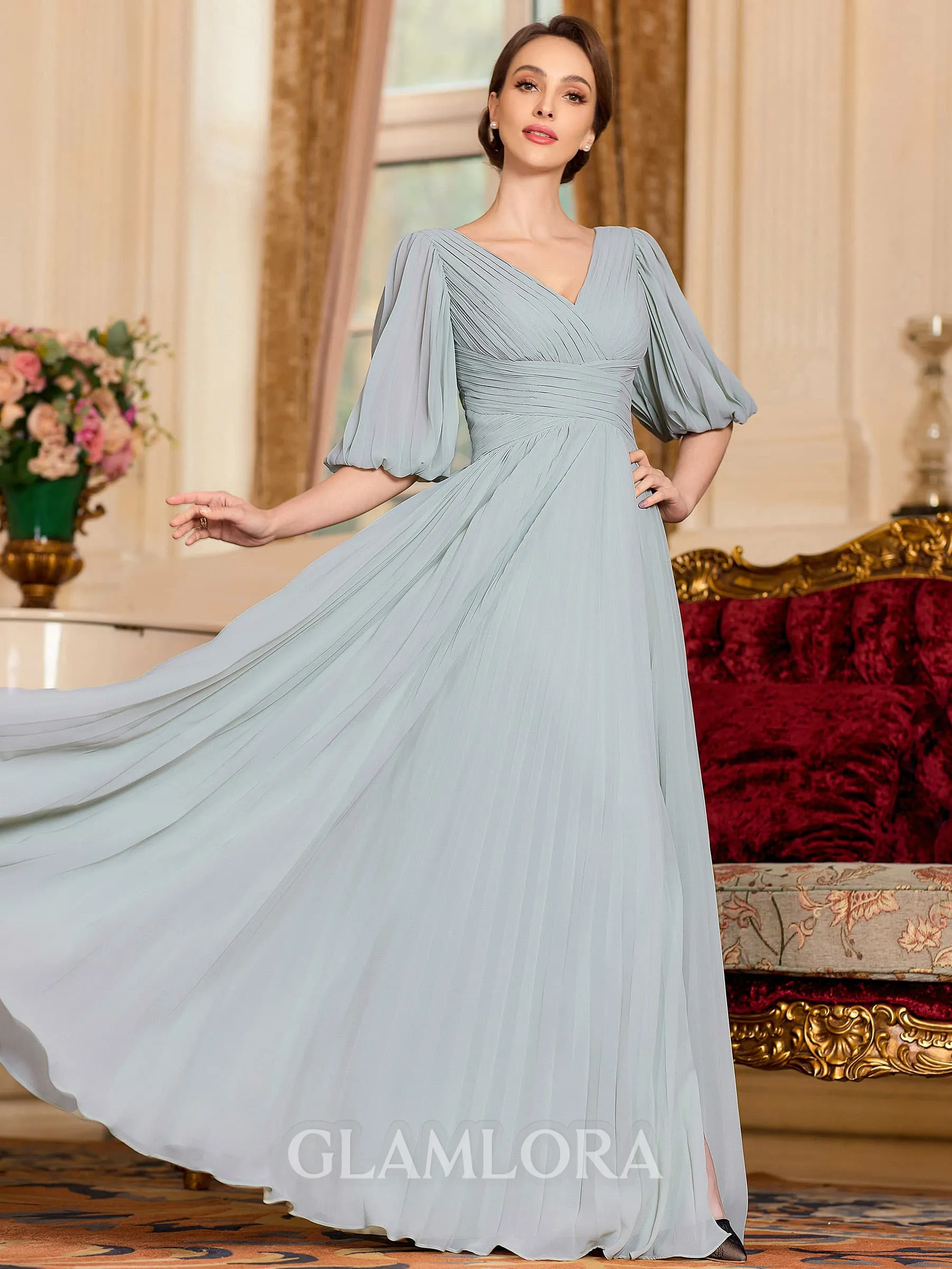 Elegant A-Line Chiffon Ruched V-Neck 1/2 Sleeves Floor-Length Mother of the Bride Dress
