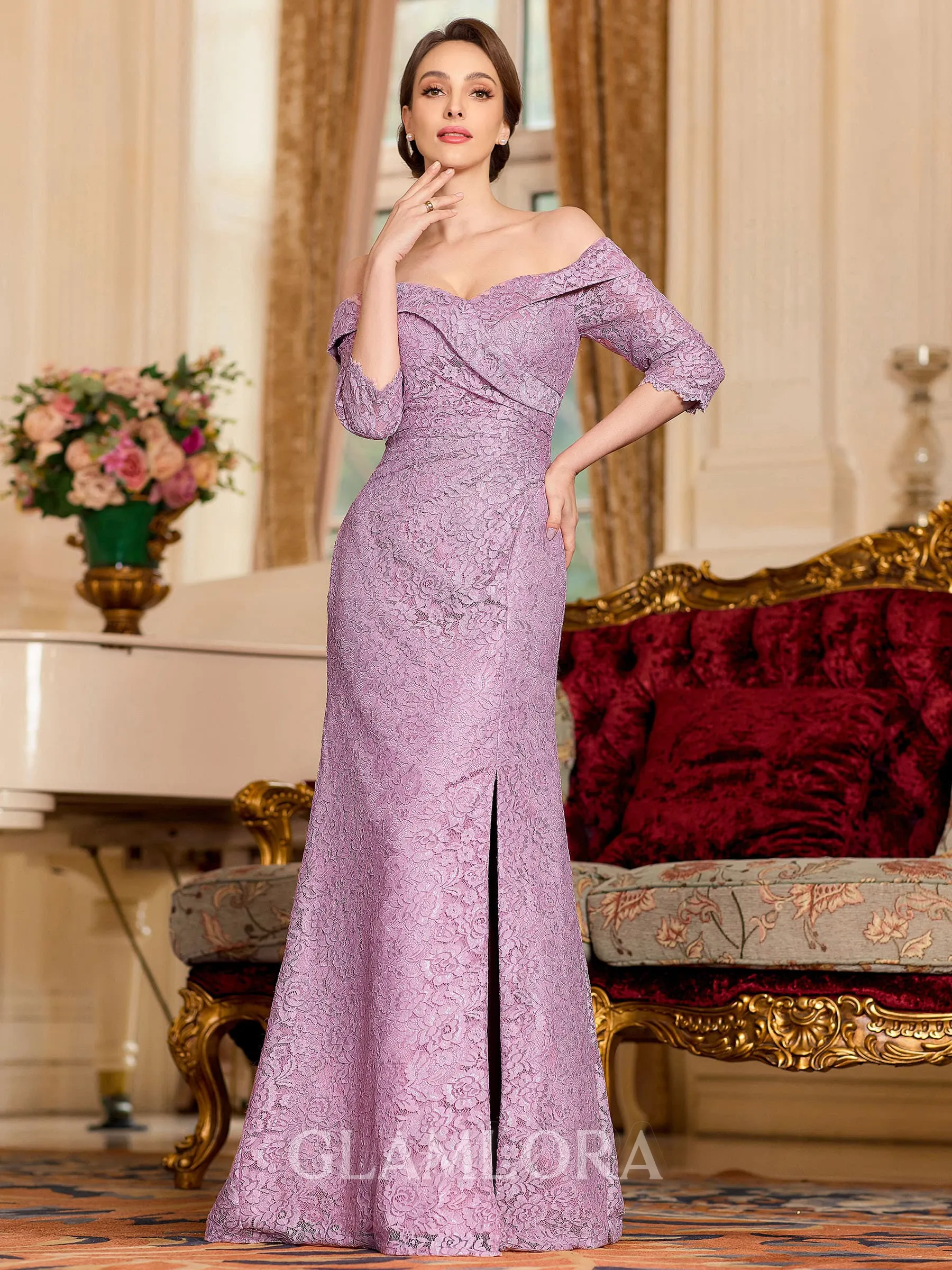 Sophisticated Sheath Satin Lace Off-the-Shoulder 3/4 Sleeves Floor-Length Mother of the Bride Dress