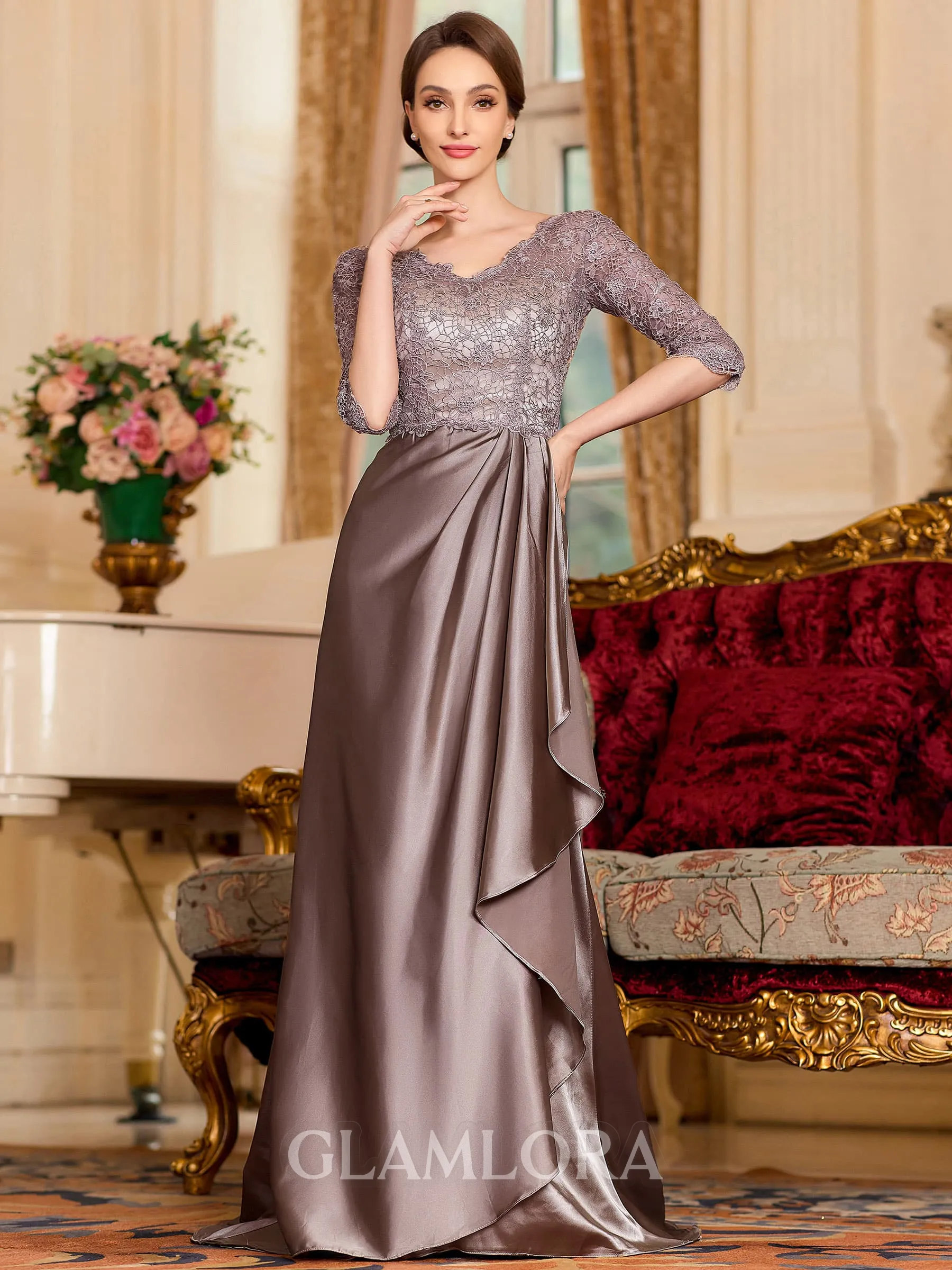 Graceful A-Line Satin Lace V-Neck 3/4 Sleeves Sweep Train Mother of the Bride Dress