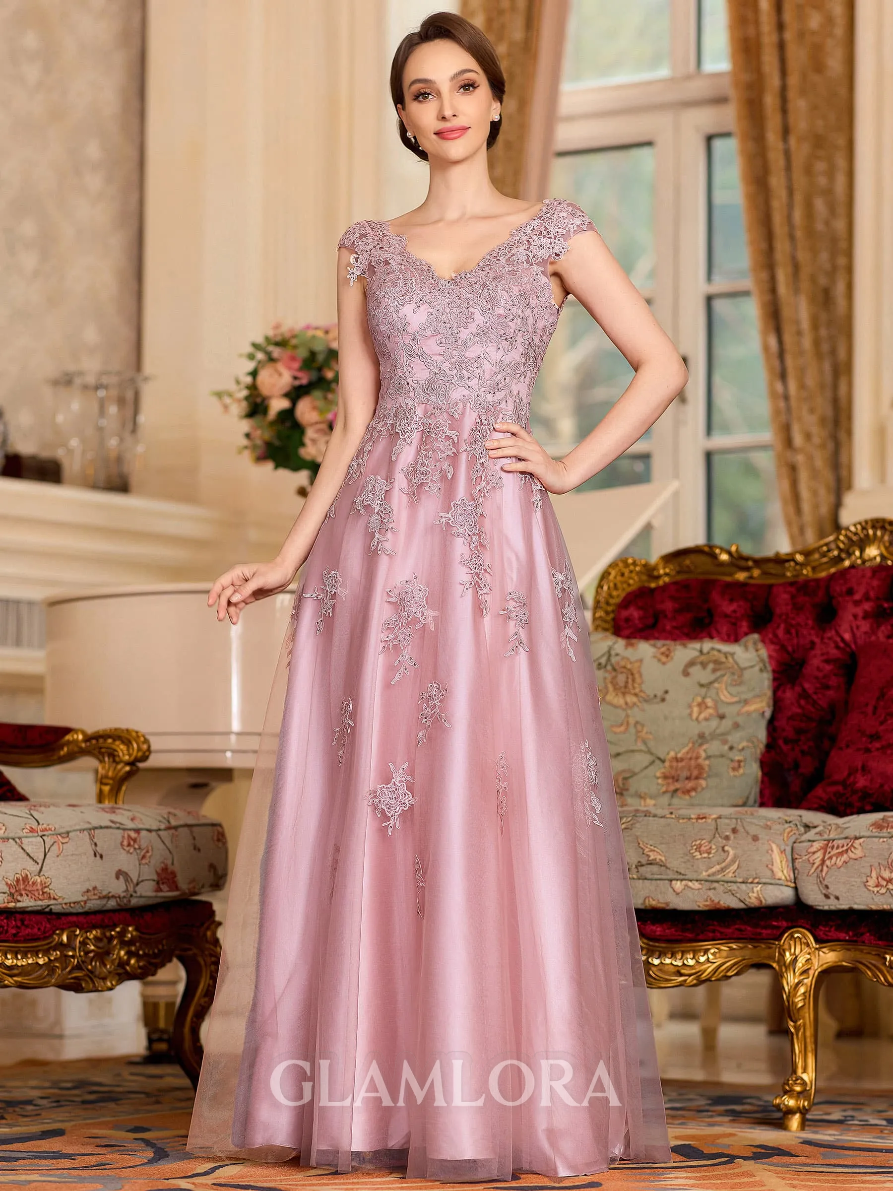 Regal A-Line Tulle Applique V-Neck Sleeveless Floor-Length Mother Of The Bride Dress