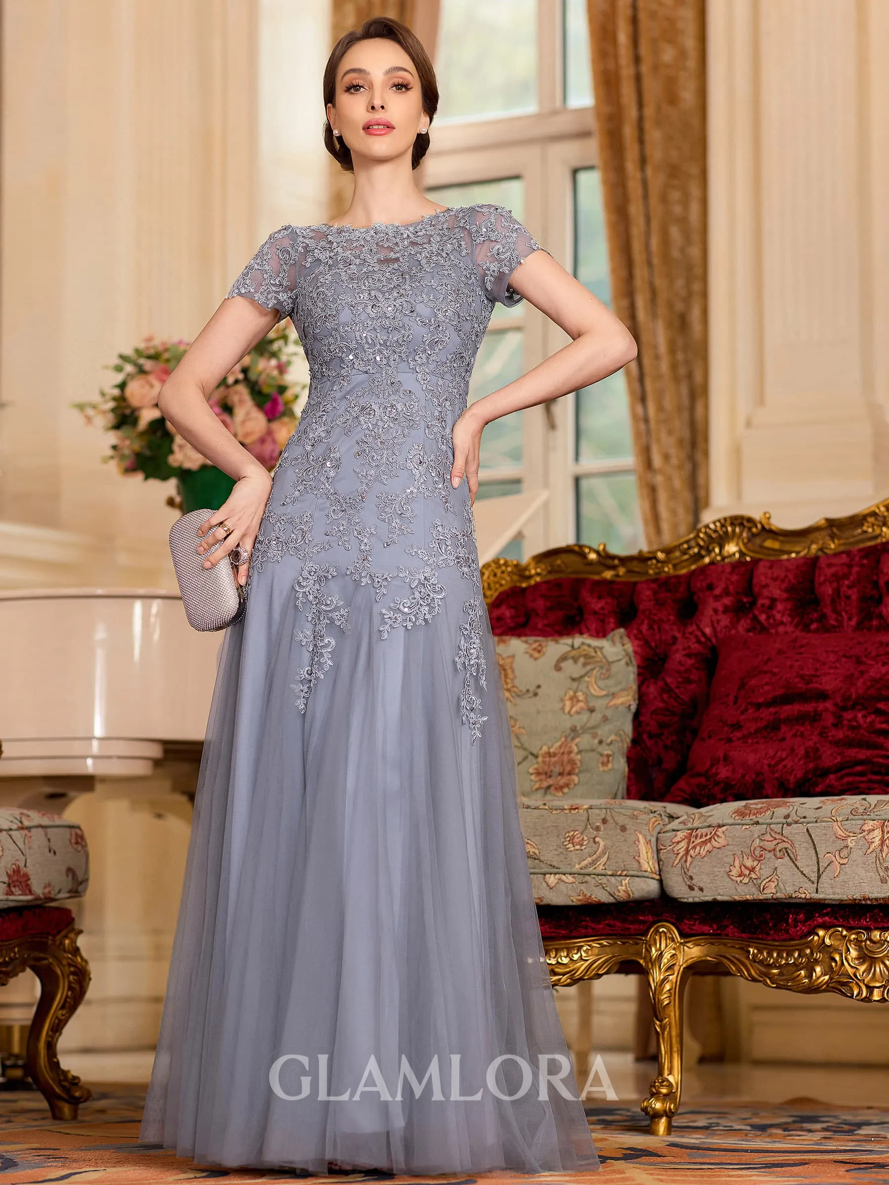 Classy A-Line Tulle Lace Scoop Short Sleeves Floor-Length Mother of the Bride Dress