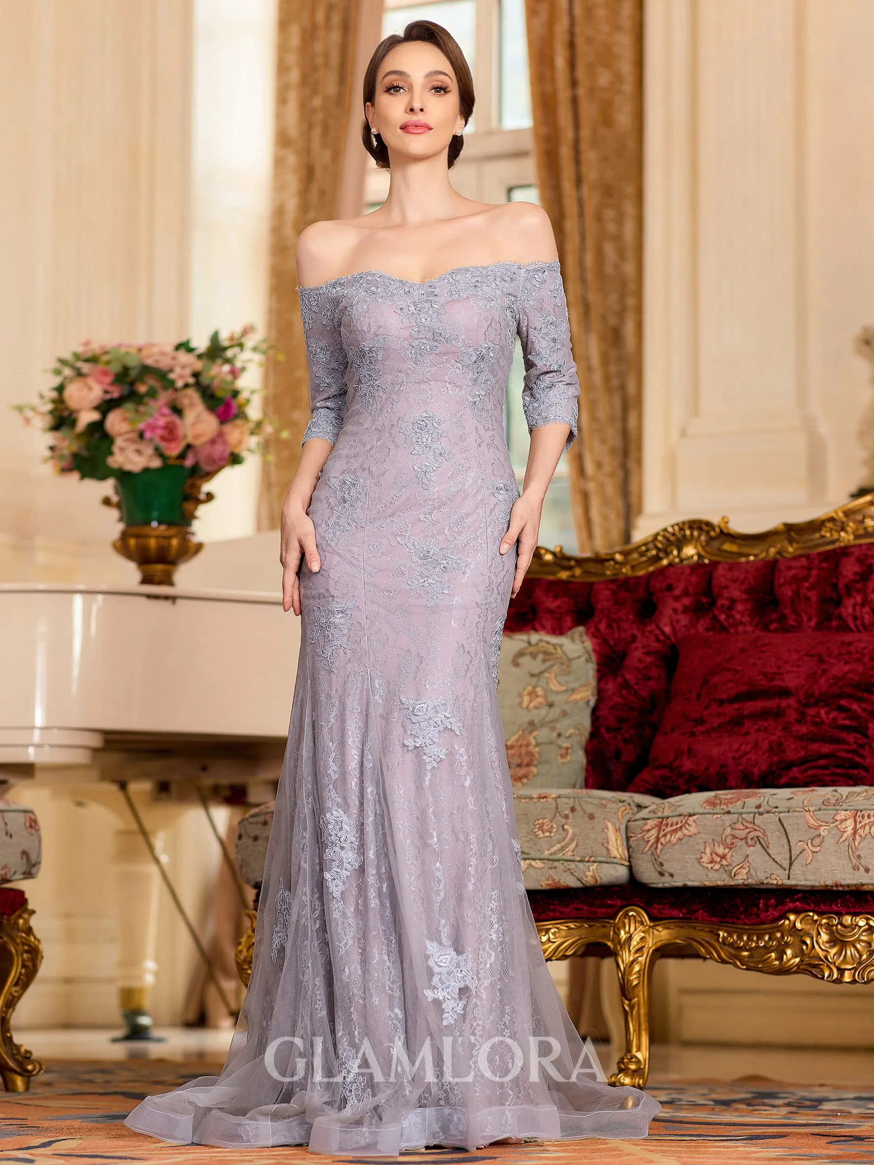 Refined Sheath Lace Applique Off-the-Shoulder 3/4 Sleeves Sweep Train Mother of the Bride Dress