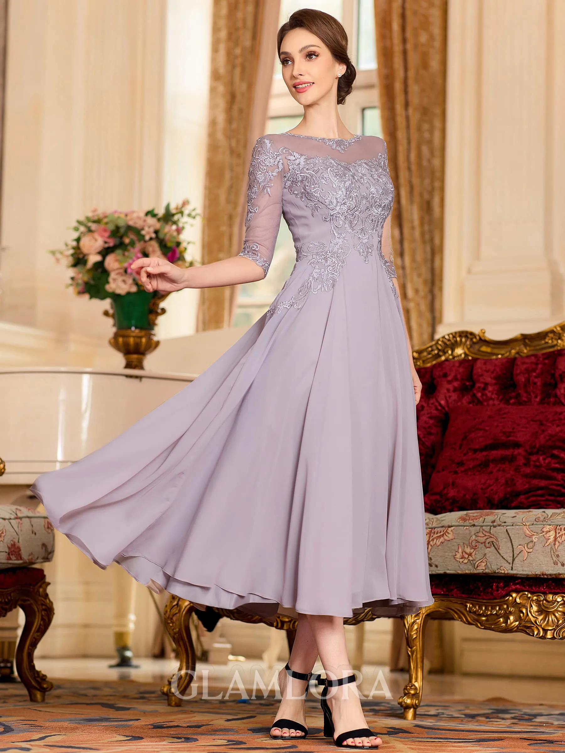 Stunning A-Line Chiffon Lace Scoop 3/4 Sleeves Tea-Length Mother of the Bride Dress