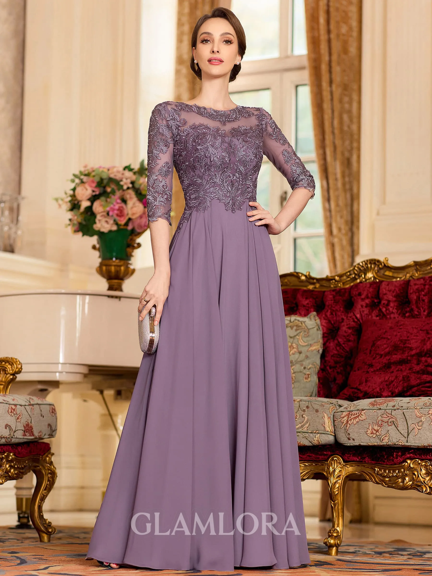 Chic A-Line Chiffon Lace Scoop 3/4 Sleeves Floor-Length Mother of the Bride Dress