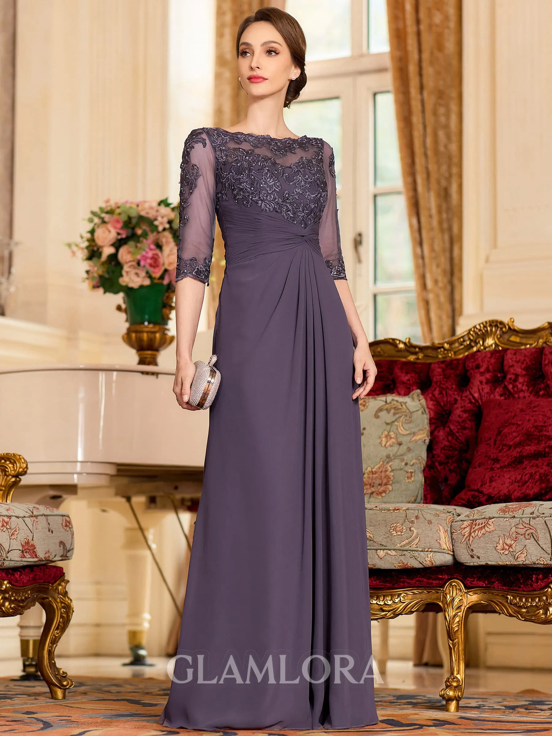 Timeless A-Line Chiffon Applique Scoop 3/4 Sleeves Floor-Length Mother of the Bride Dress