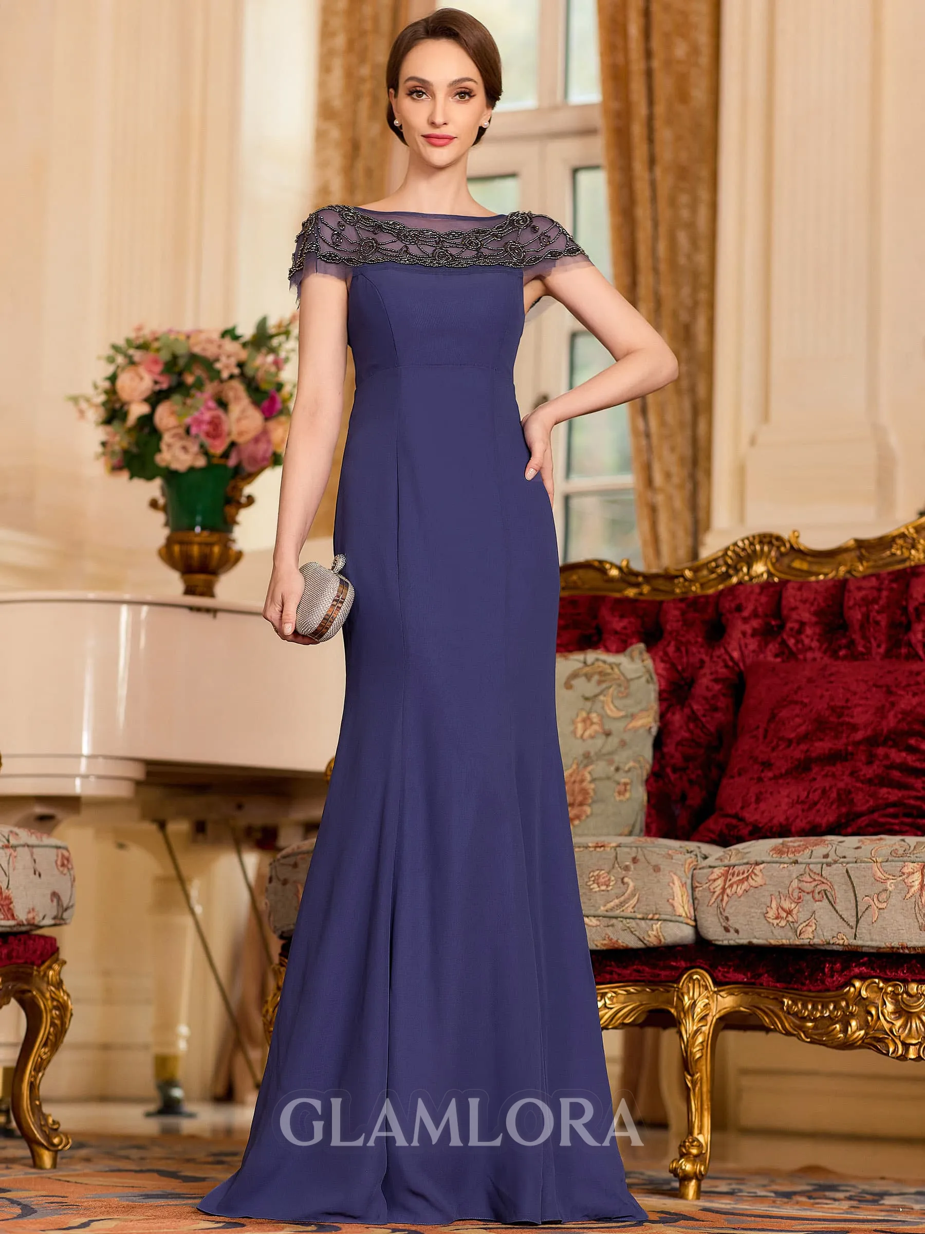 Tasteful Sheath Chiffon Beading Bateau Short Sleeves Floor-Length Mother of the Bride Dress