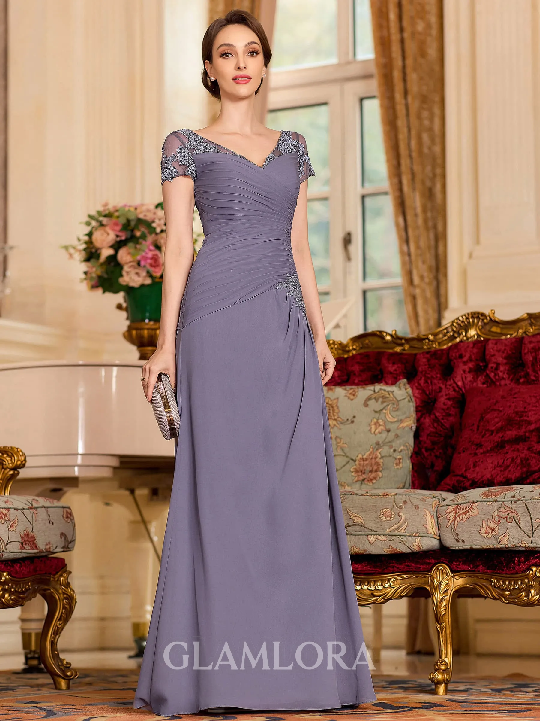 Radiant A-Line Chiffon Applique Sweetheart Short Sleeves Floor-Length Mother of the Bride Dress