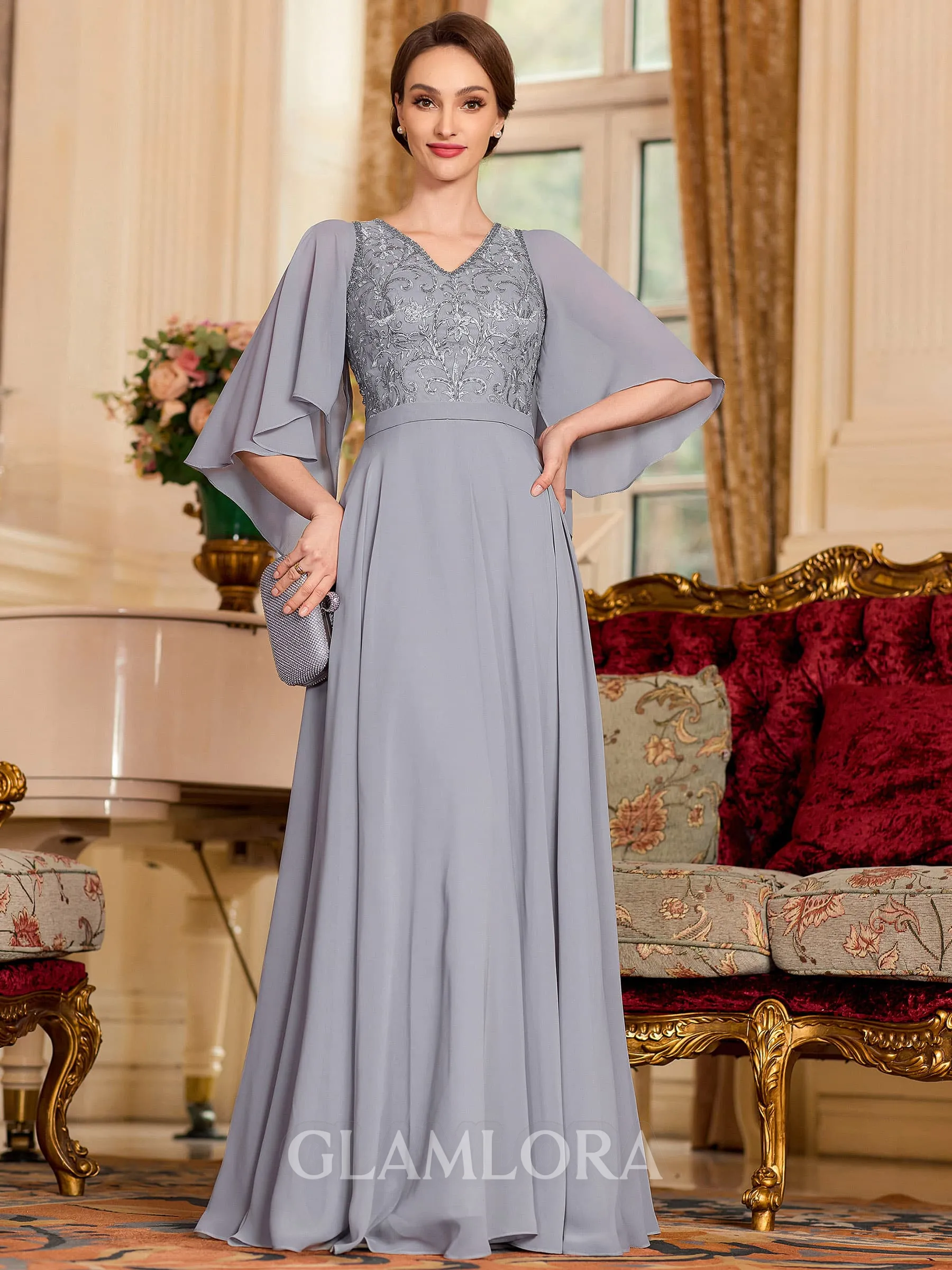 Resplendent A-Line Chiffon Applique V-Neck 1/2 Sleeves Floor-Length Mother of the Bride Dress