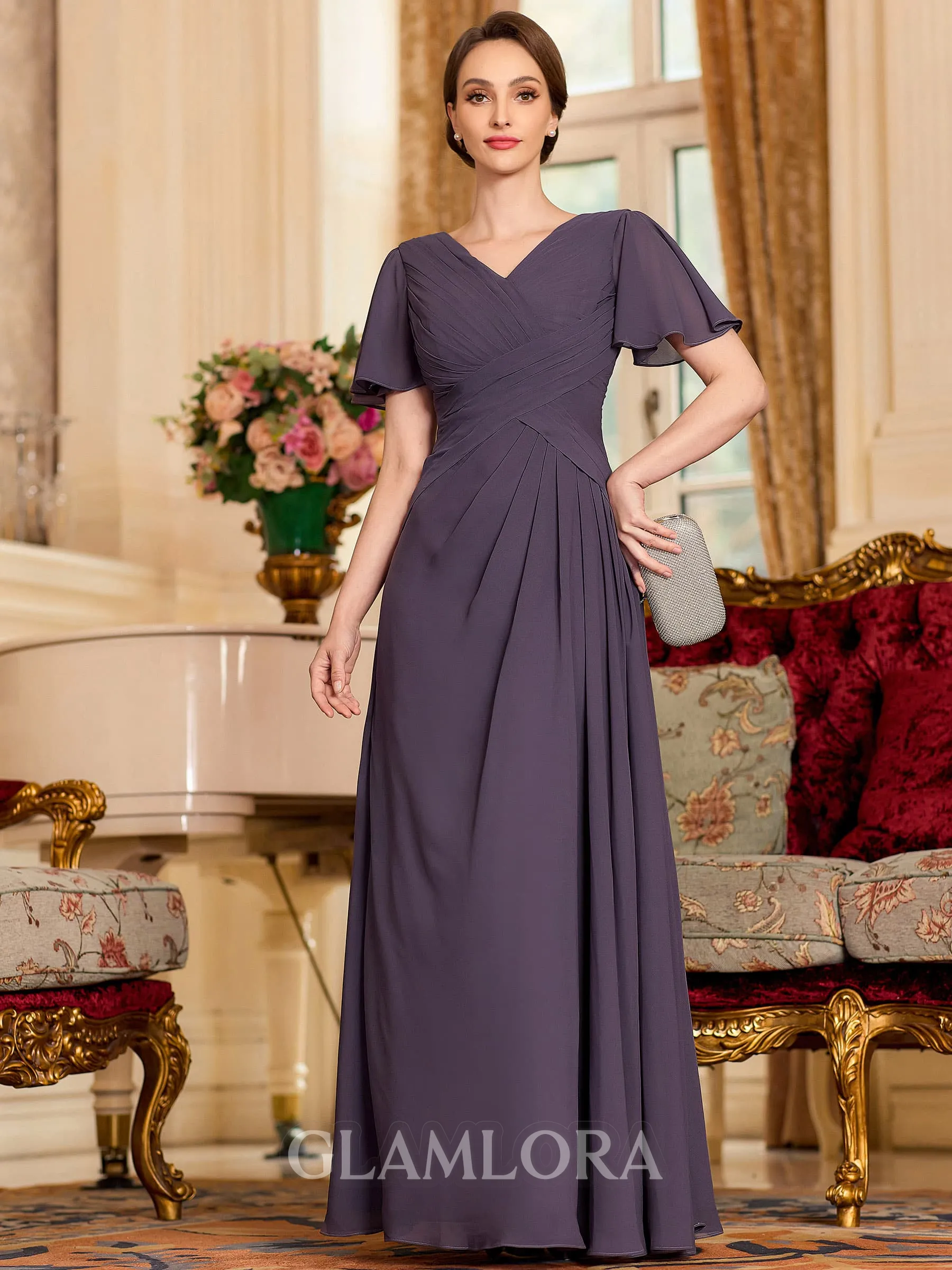 Impeccable A-Line Chiffon Ruched V-Neck Short Sleeves Floor-Length Mother of the Bride Dress