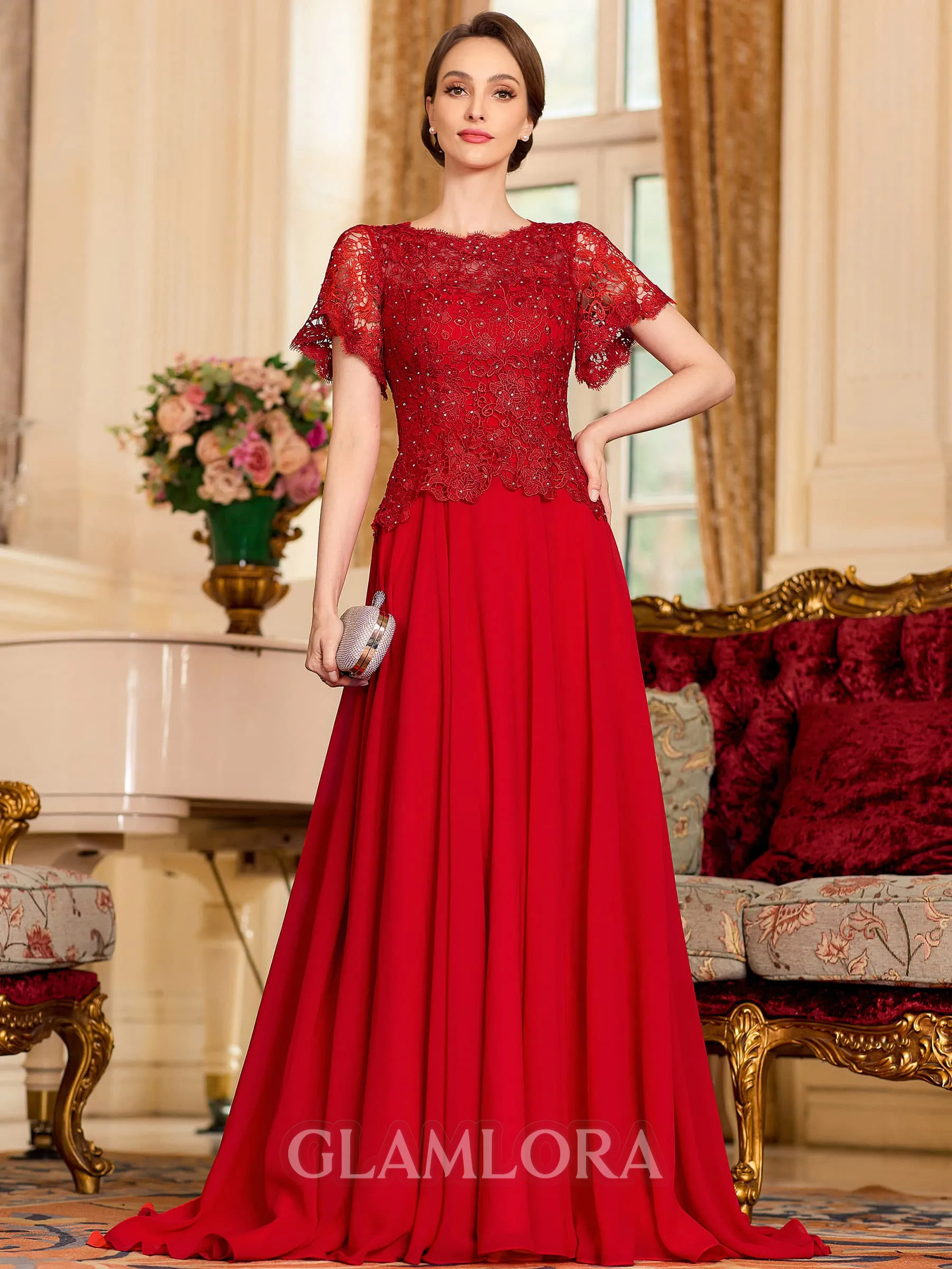 Gracious A-Line Chiffon Applique Scoop Short Sleeves Sweep Train Mother of the Bride Dress