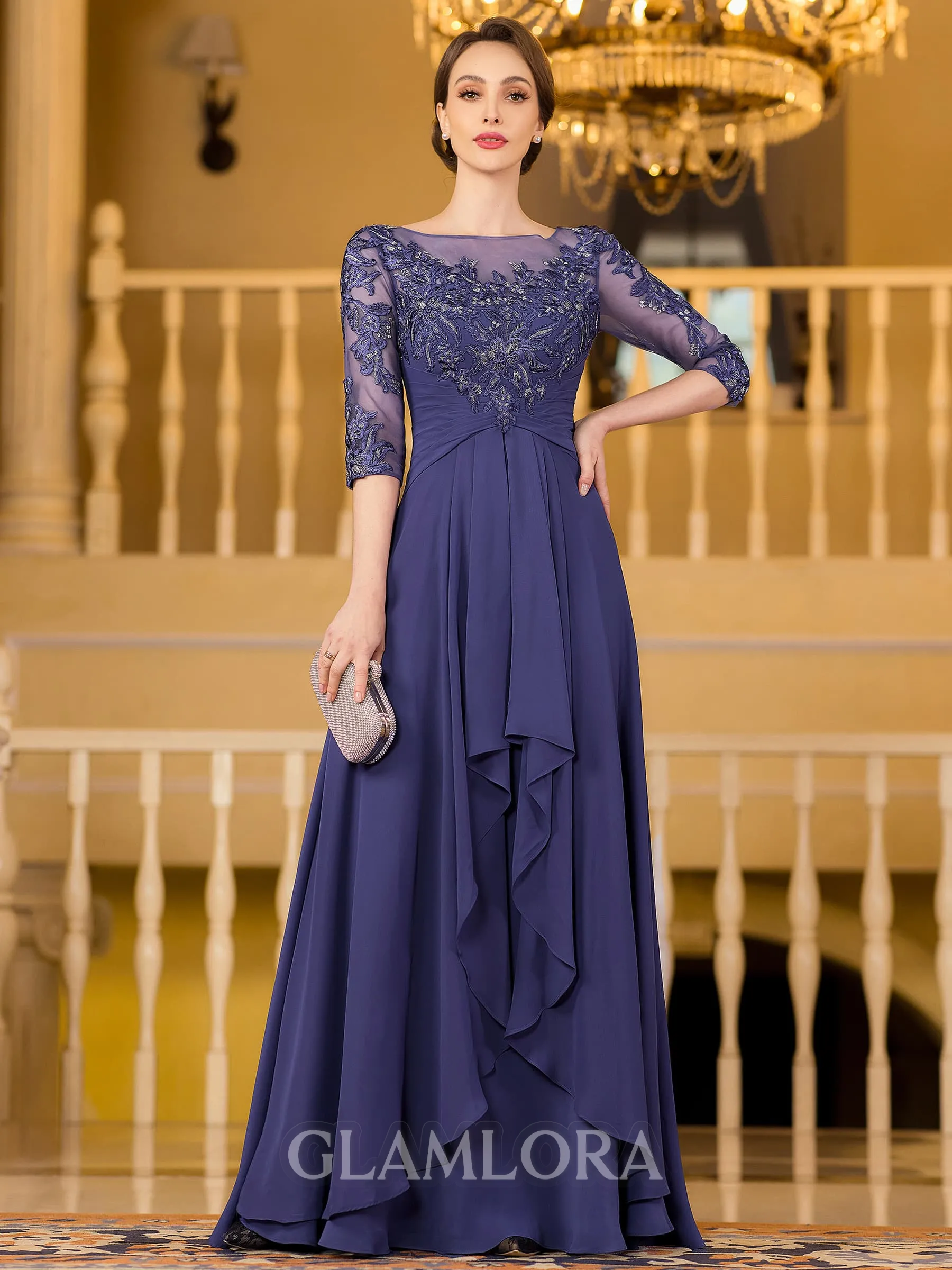 Polished A-Line Chiffon Applique Bateau 3/4 Sleeves Floor-Length Mother of the Bride Dress