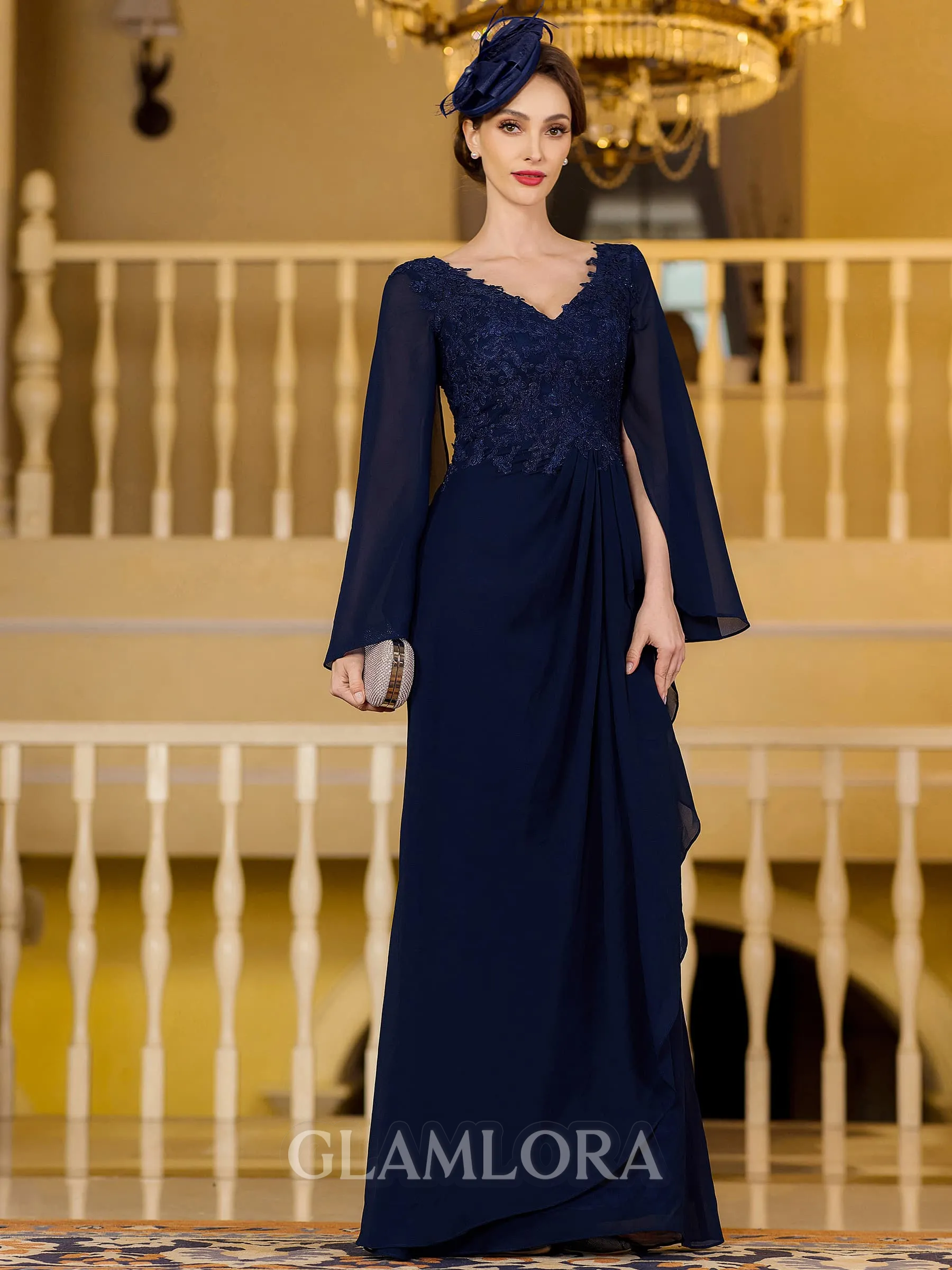Modest A-Line Chiffon Applique V-Neck Long Sleeves Floor-Length Mother of the Bride Dress