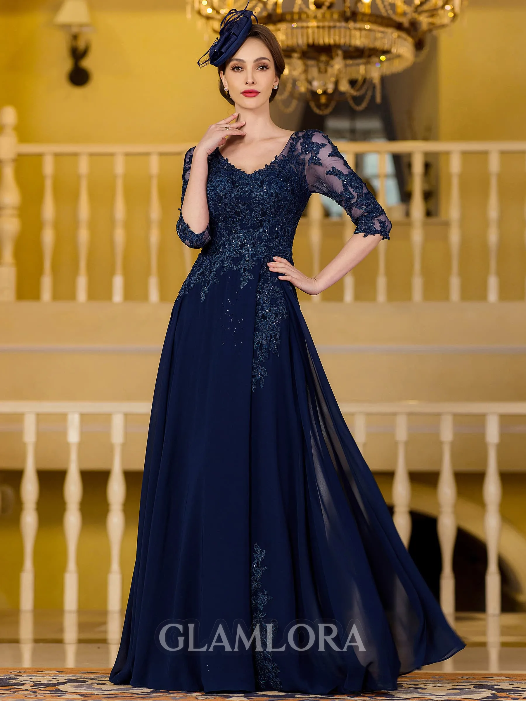 Immaculate A-Line Chiffon Applique V-Neck 3/4 Sleeves Floor-Length Mother of the Bride Dress