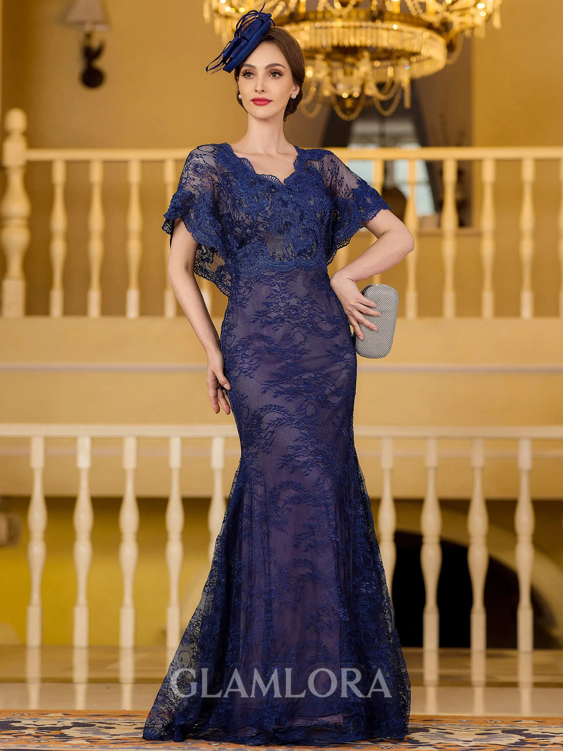 Charming Sheath Silk like Satin Lace V-Neck Short Sleeves Floor-Length Mother of the Bride Dress