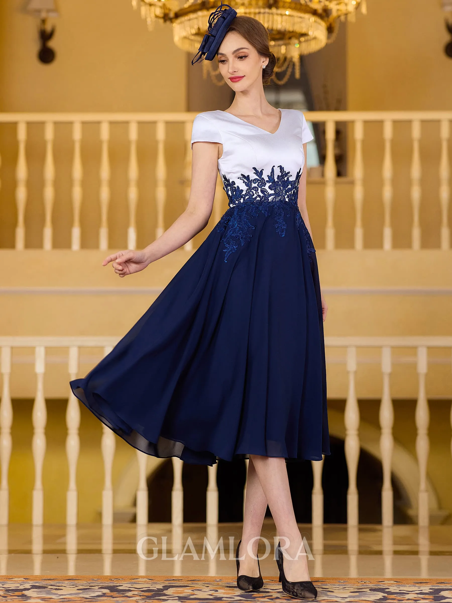 Charming A-Line Chiffon Applique V-Neck Short Sleeves Tea-Length Mother of the Bride Dress
