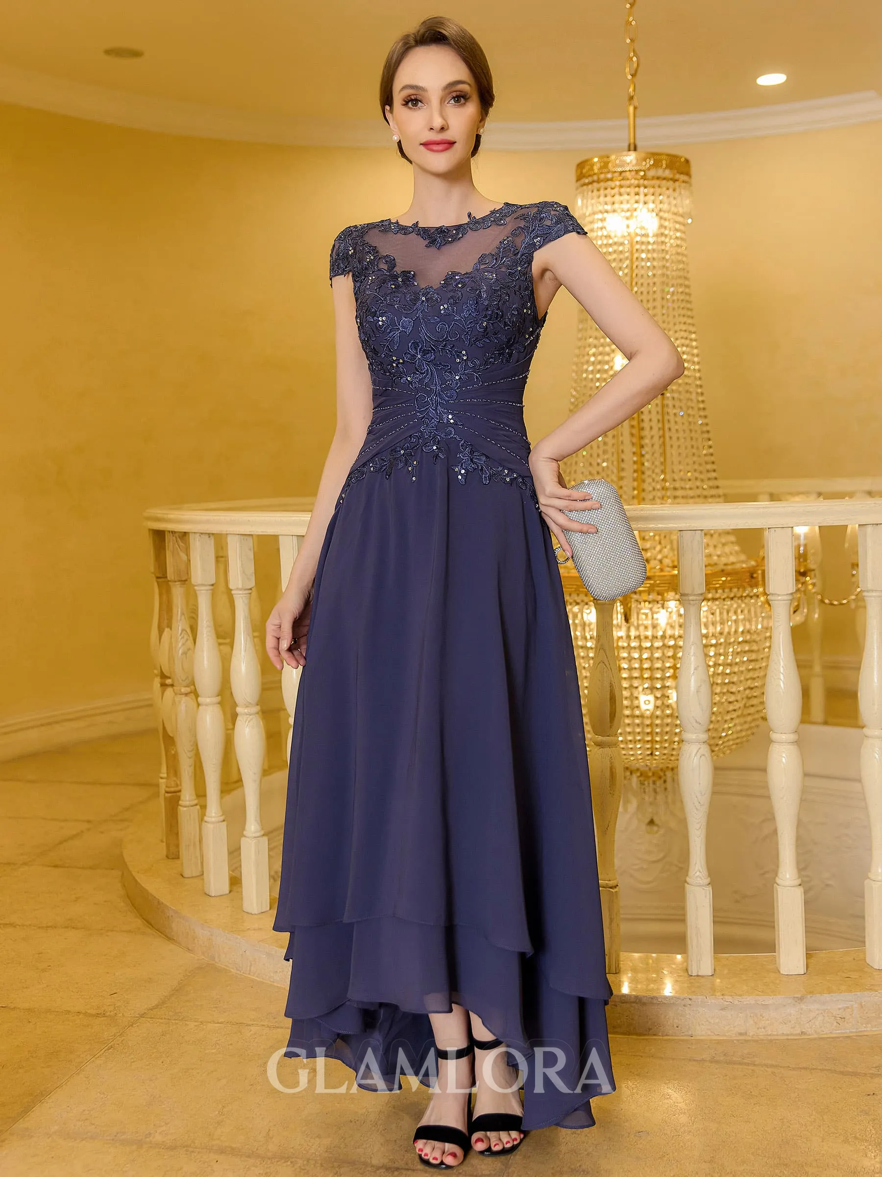 Flattering A-Line Chiffon Applique Scoop Short Sleeves Asymmetrical Mother of the Bride Dress