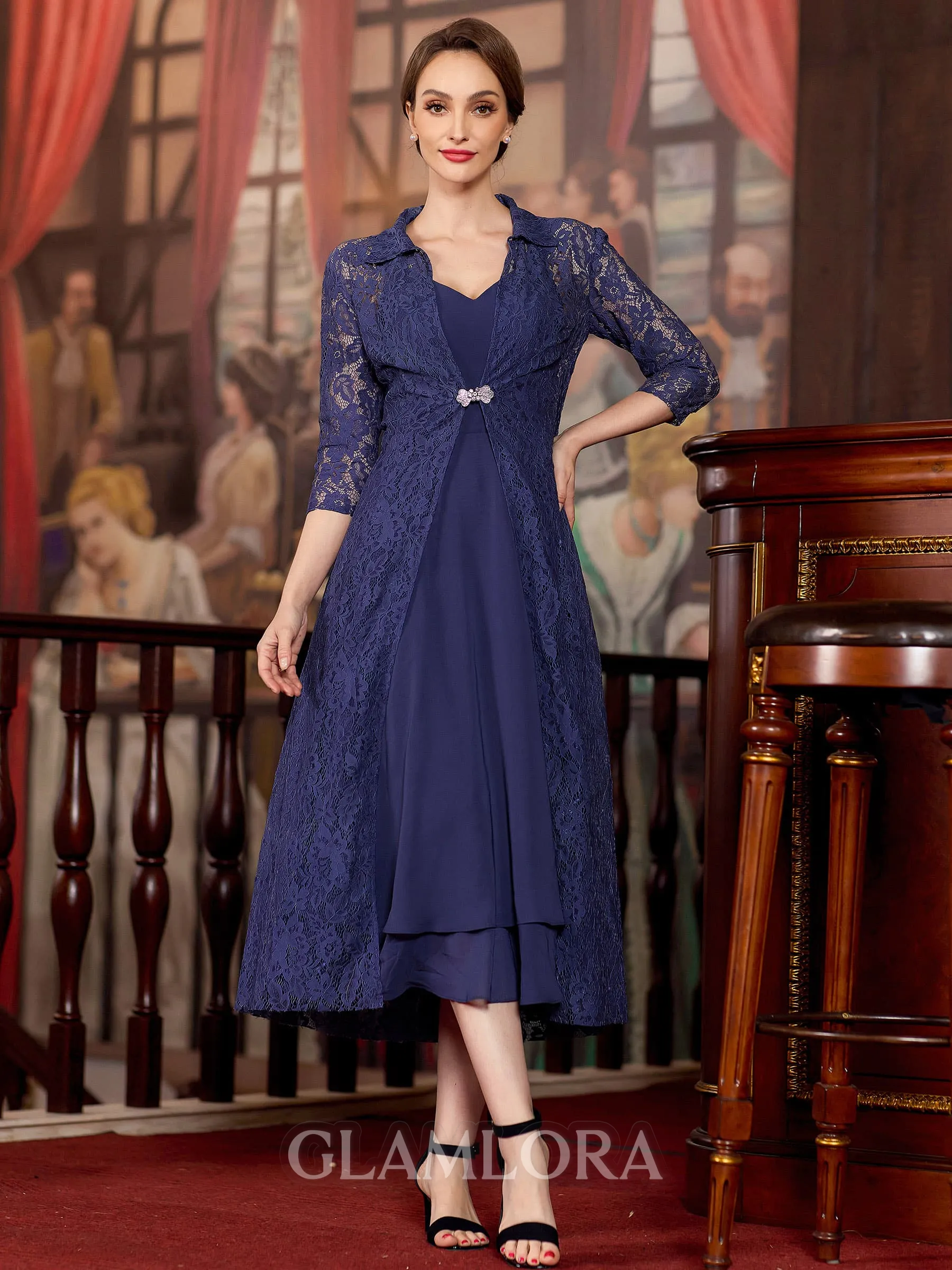 Understated A-Line Chiffon Ruched V-Neck Sleeveless Tea-Length Mother of the Bride Dress