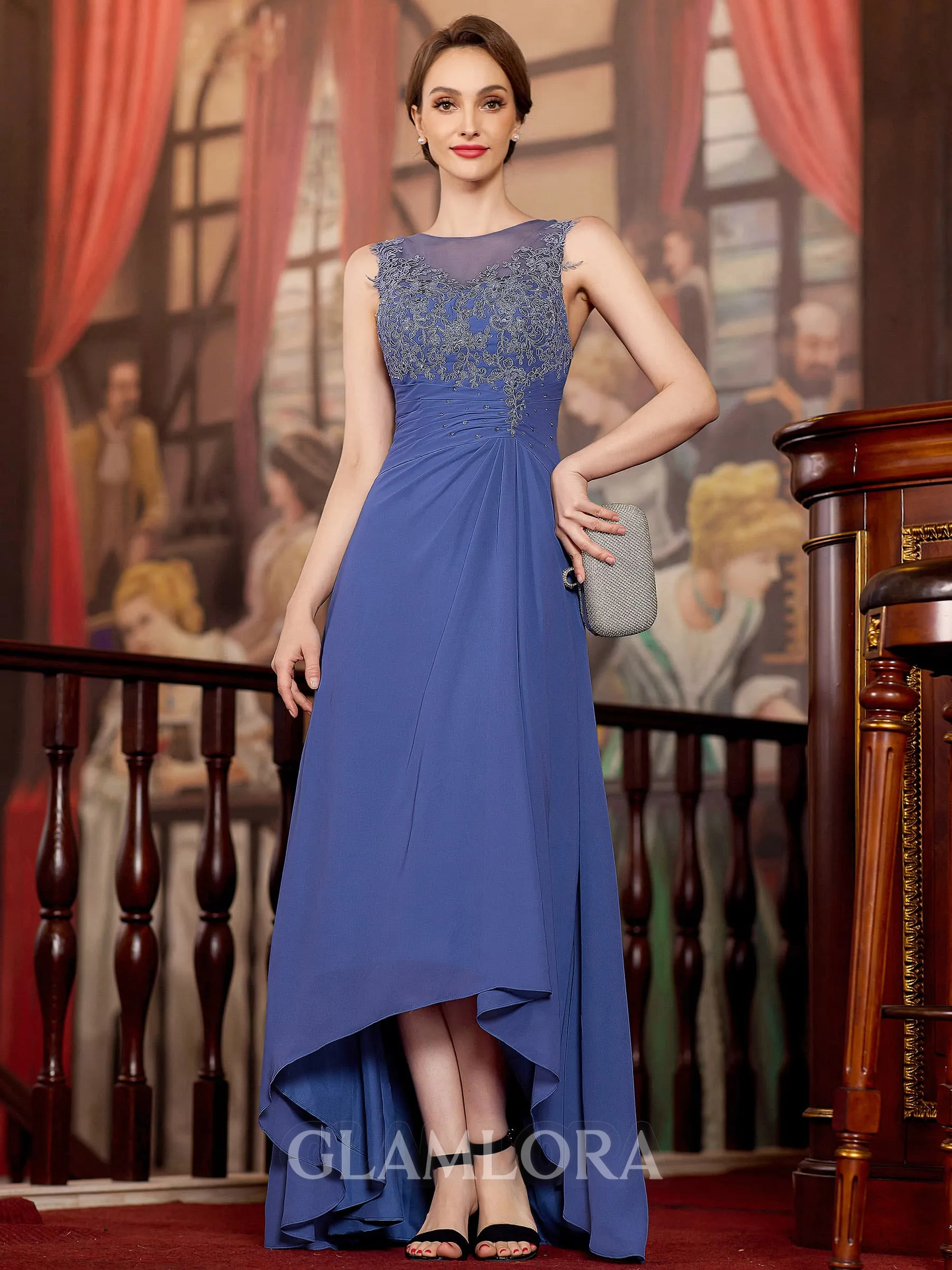 Radiant A-Line Chiffon Applique Scoop Sleeveless Asymmetrical Mother of the Bride Dress