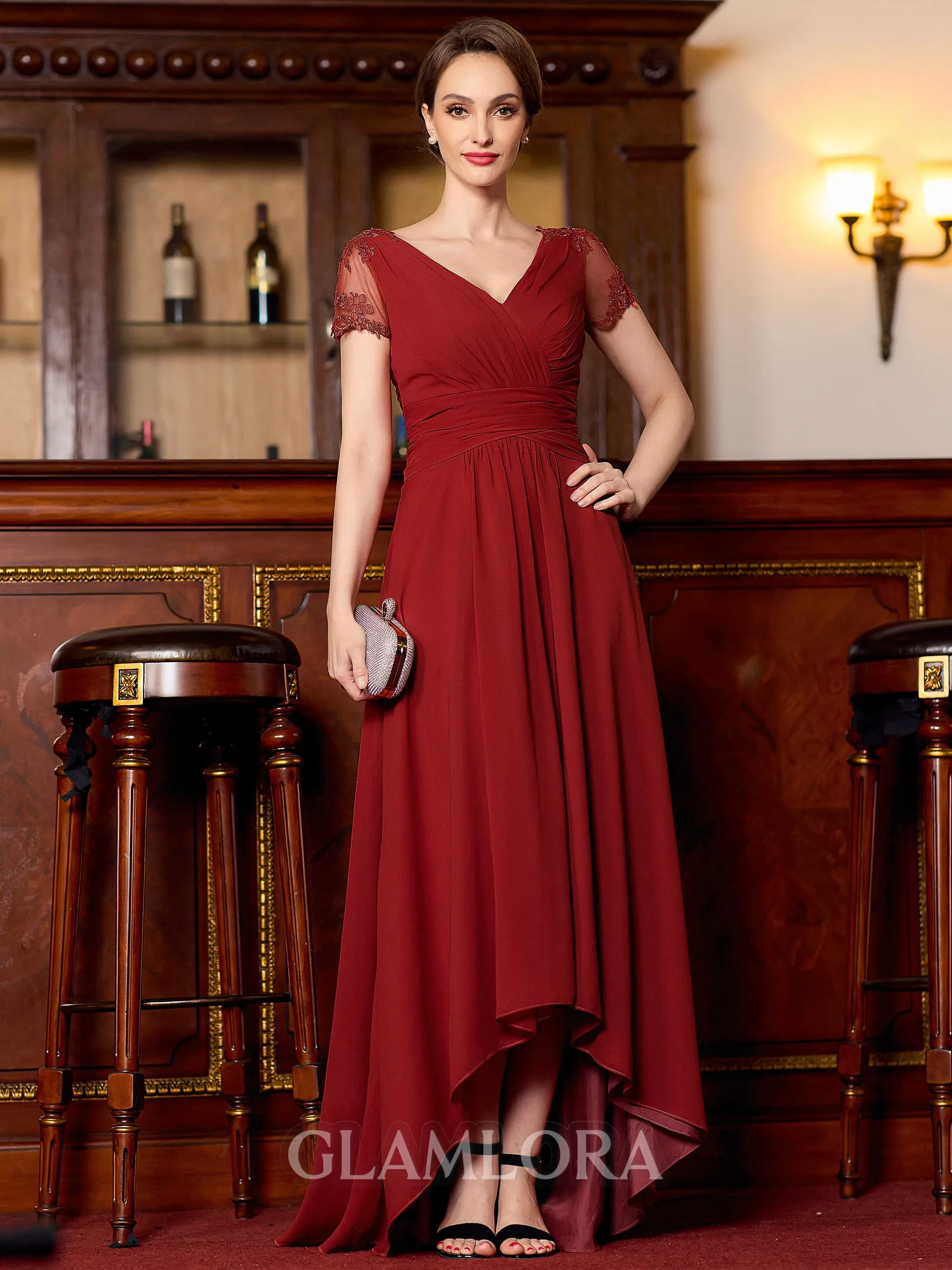 Impeccable A-Line Chiffon Ruched V-Neck Short Sleeves Asymmetrical Mother of the Bride Dress