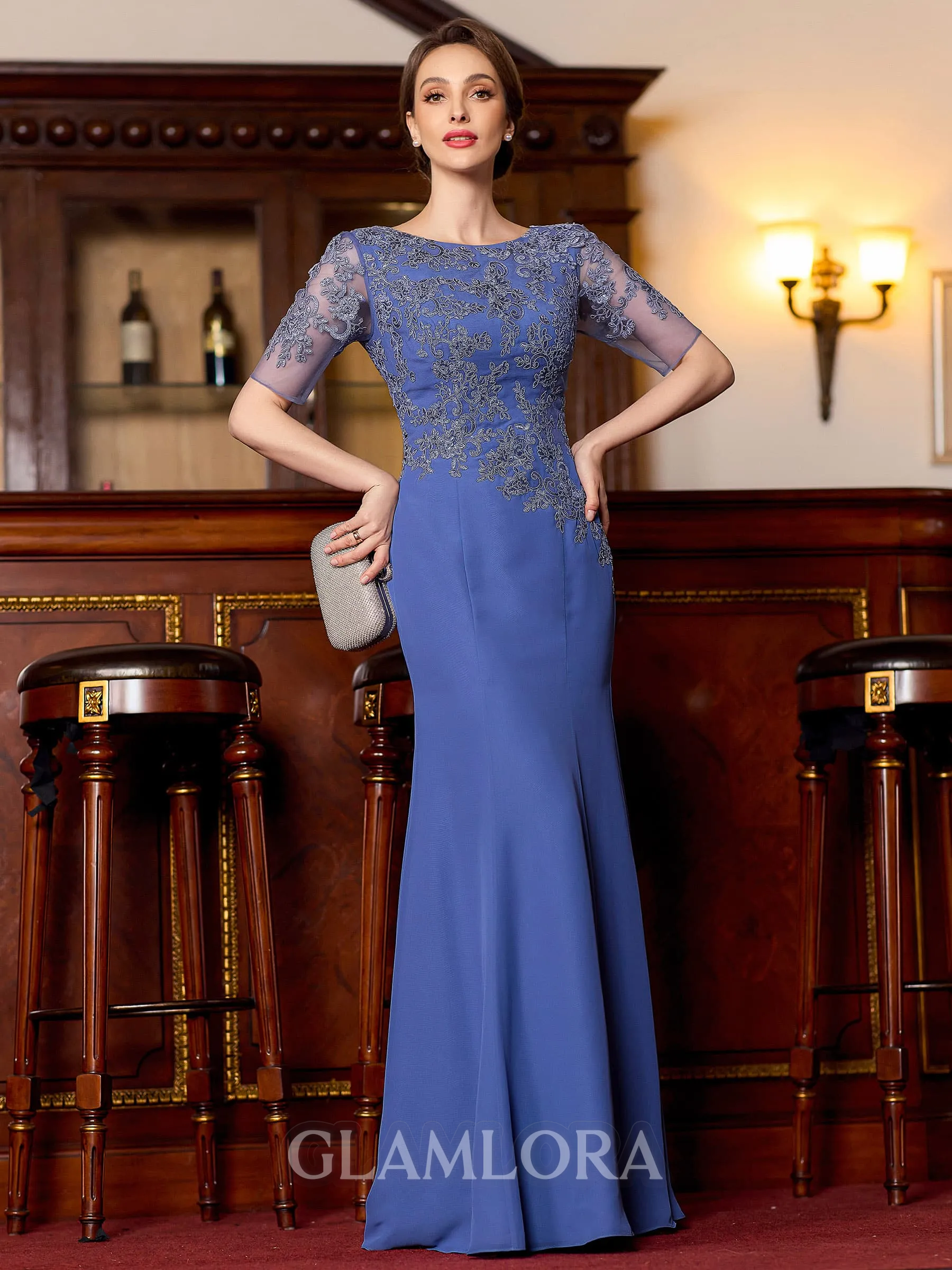 Rhythmic Sheath Chiffon Applique Bateau Short Sleeves Floor-Length Mother of the Bride Dress