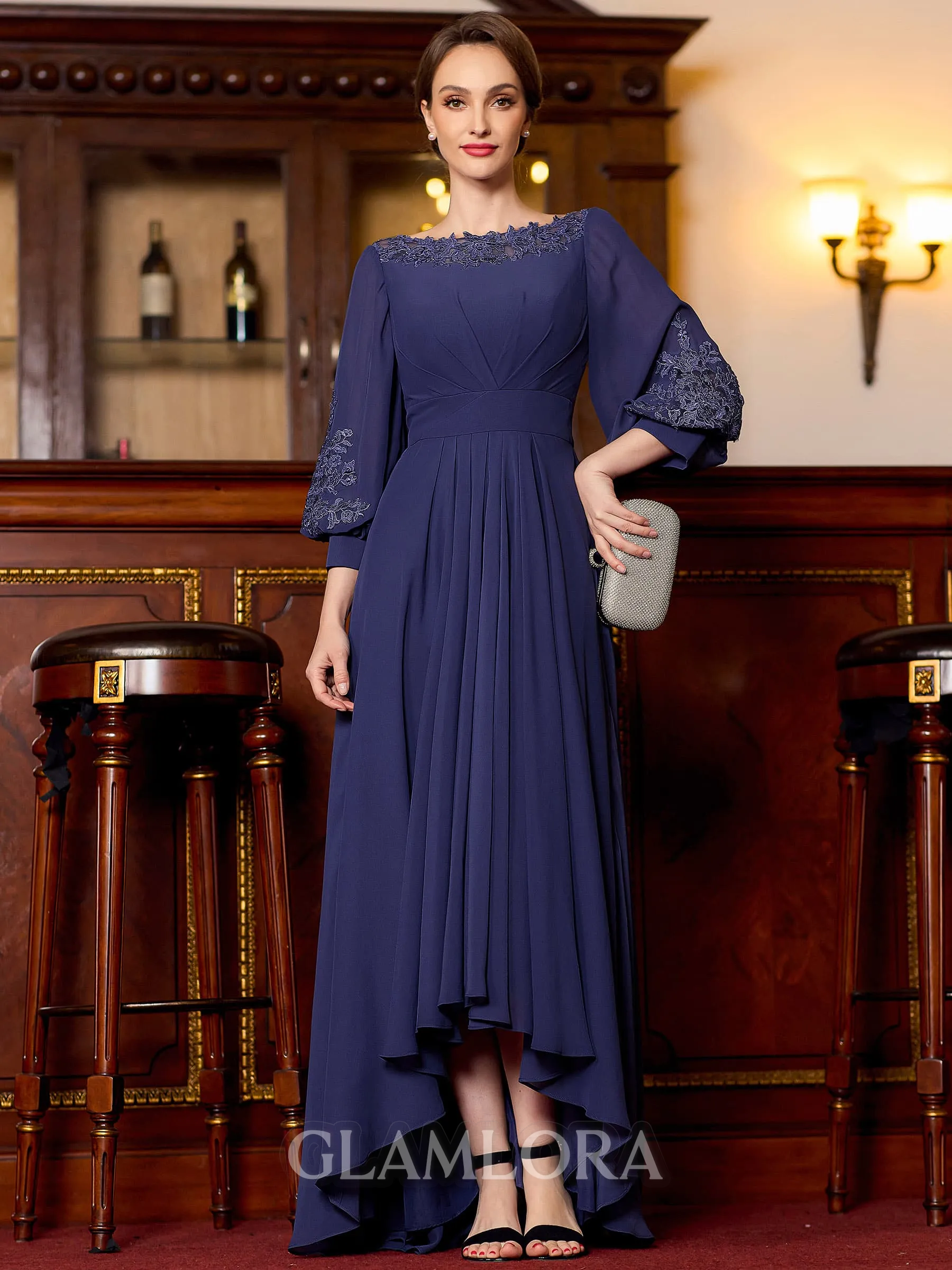 Gracious A-Line Chiffon Ruched Bateau 3/4 Sleeves Asymmetrical Mother of the Bride Dress