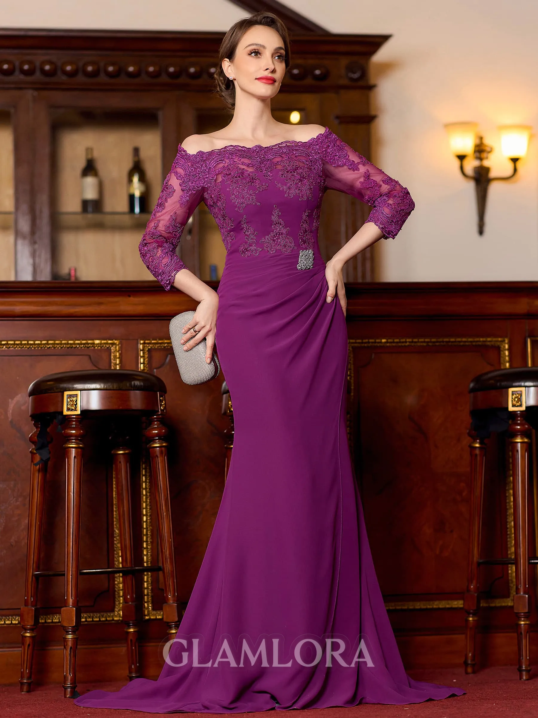 Endearing Sheath Chiffon Applique Off-the-Shoulder 3/4 Sleeves Sweep Train Mother of the Bride Dress