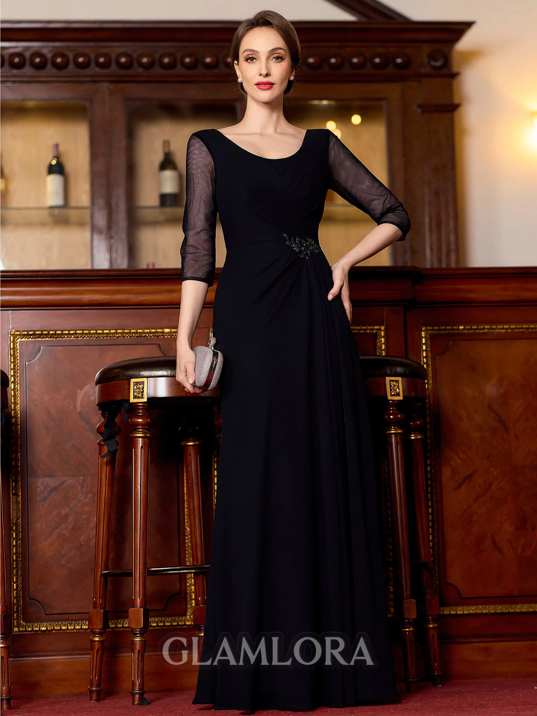 Tasteful A-Line Chiffon Ruched Scoop 3/4 Sleeves Floor-Length Mother of the Bride Dress