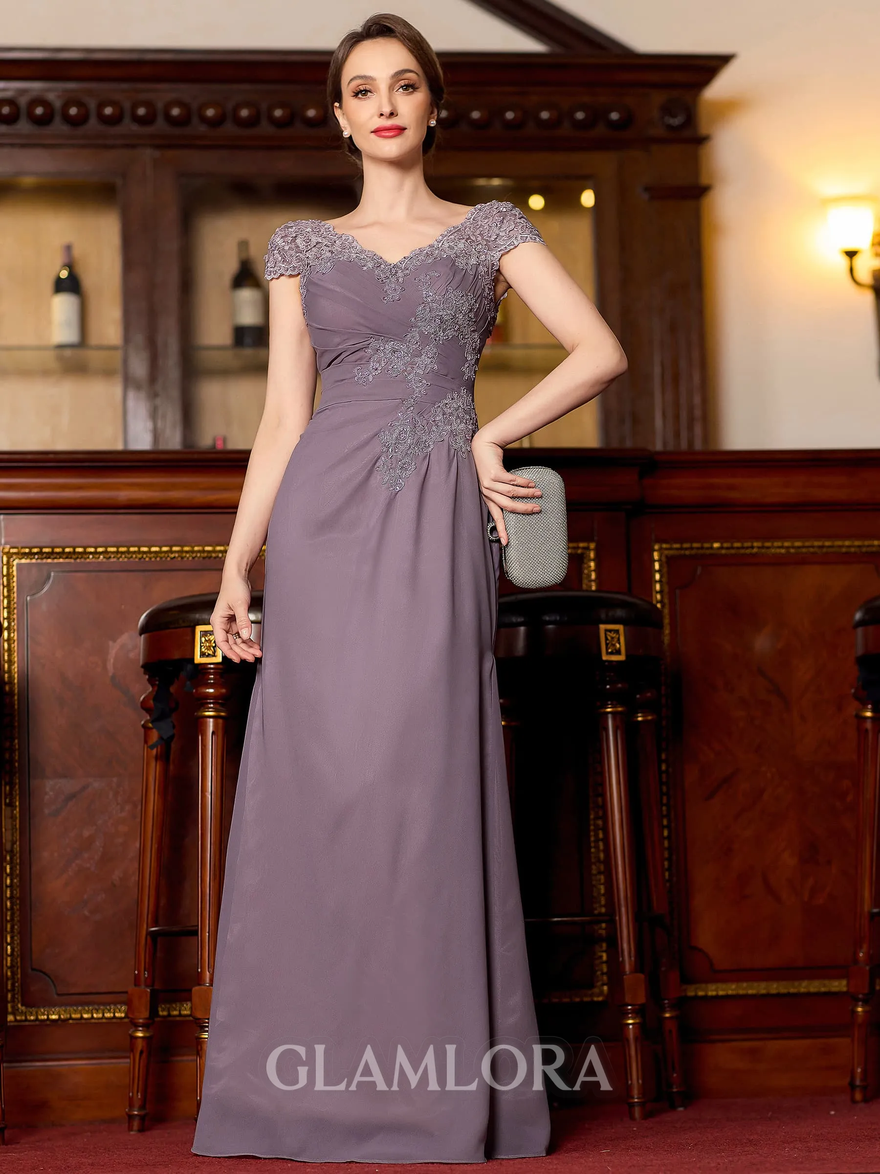 Unique Sheath Chiffon Lace V-Neck Short Sleeves Floor-Length Mother of the Bride Dress