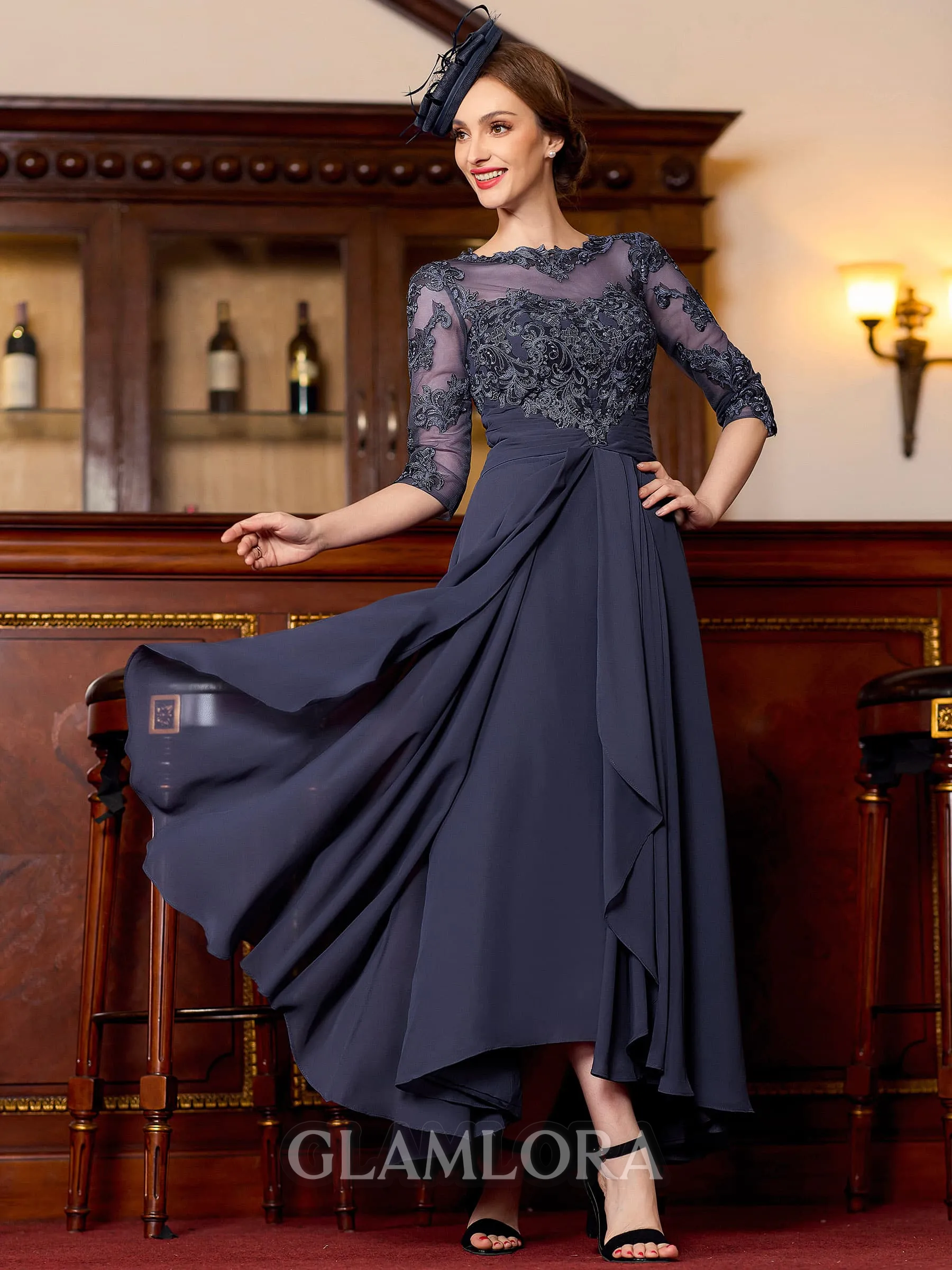 Stunning A-Line Chiffon Applique Scoop 3/4 Sleeves Asymmetrical Mother of the Bride Dress