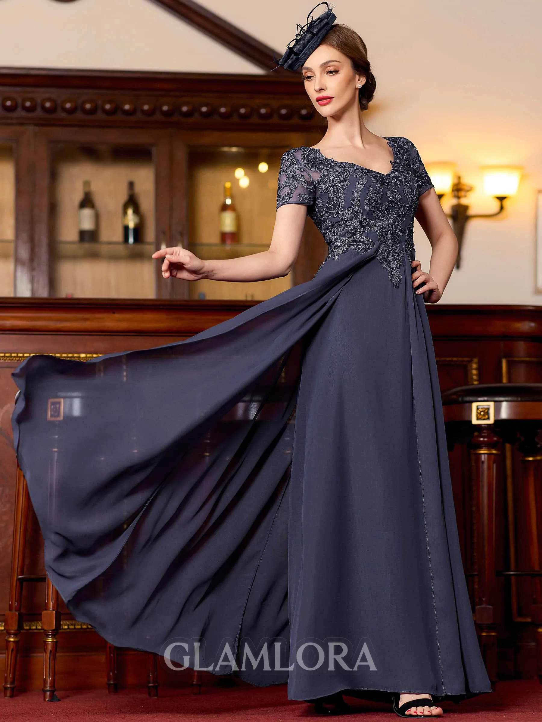 Flattering A-Line Chiffon Applique V-Neck Short Sleeves Floor-Length Mother of the Bride Dress
