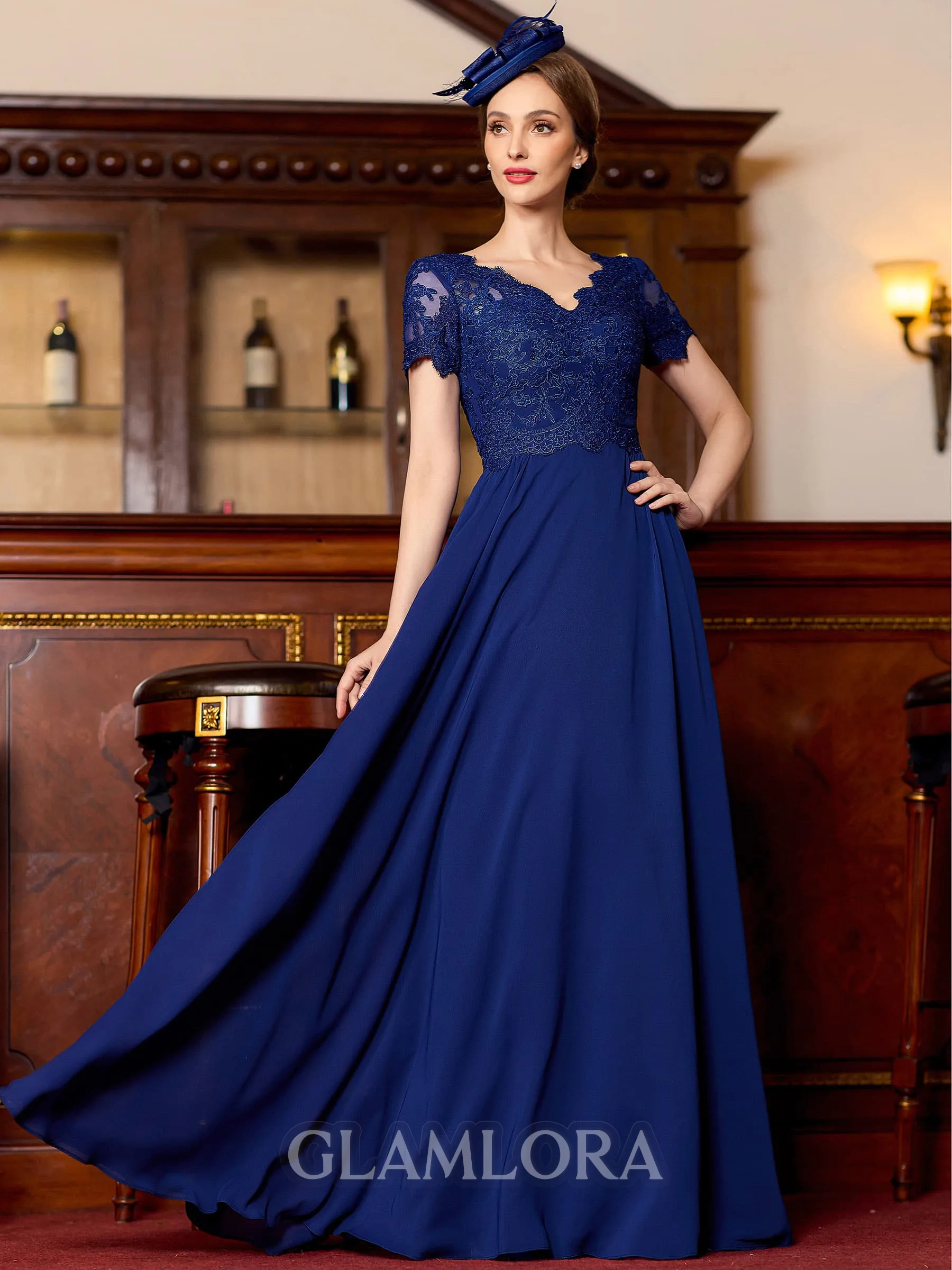 Glamorous A-Line Chiffon Lace V-Neck Short Sleeves Floor-Length Mother of the Bride Dress