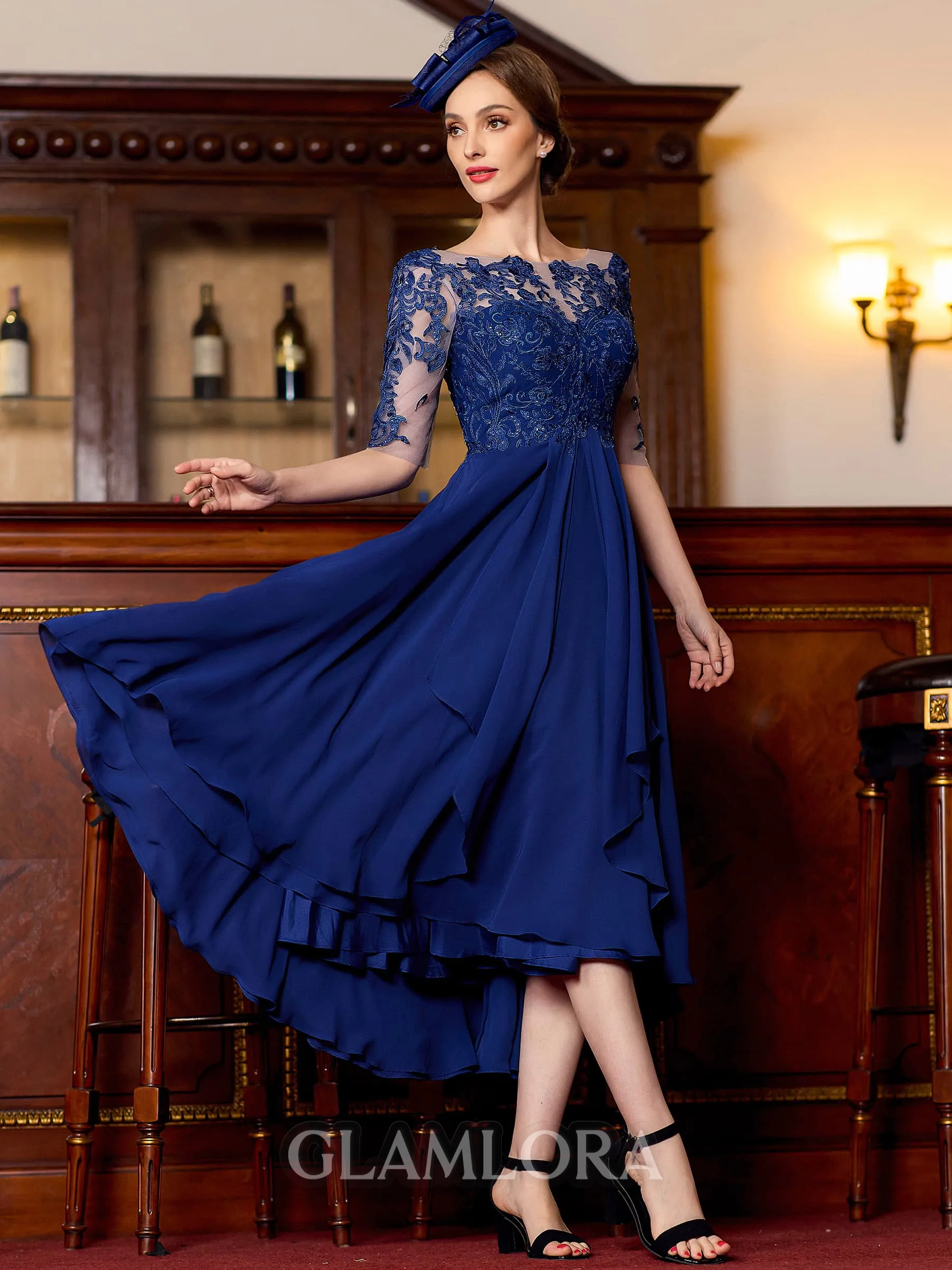 Polished A-Line Chiffon Applique Bateau 1/2 Sleeves Tea-Length Mother of the Bride Dress