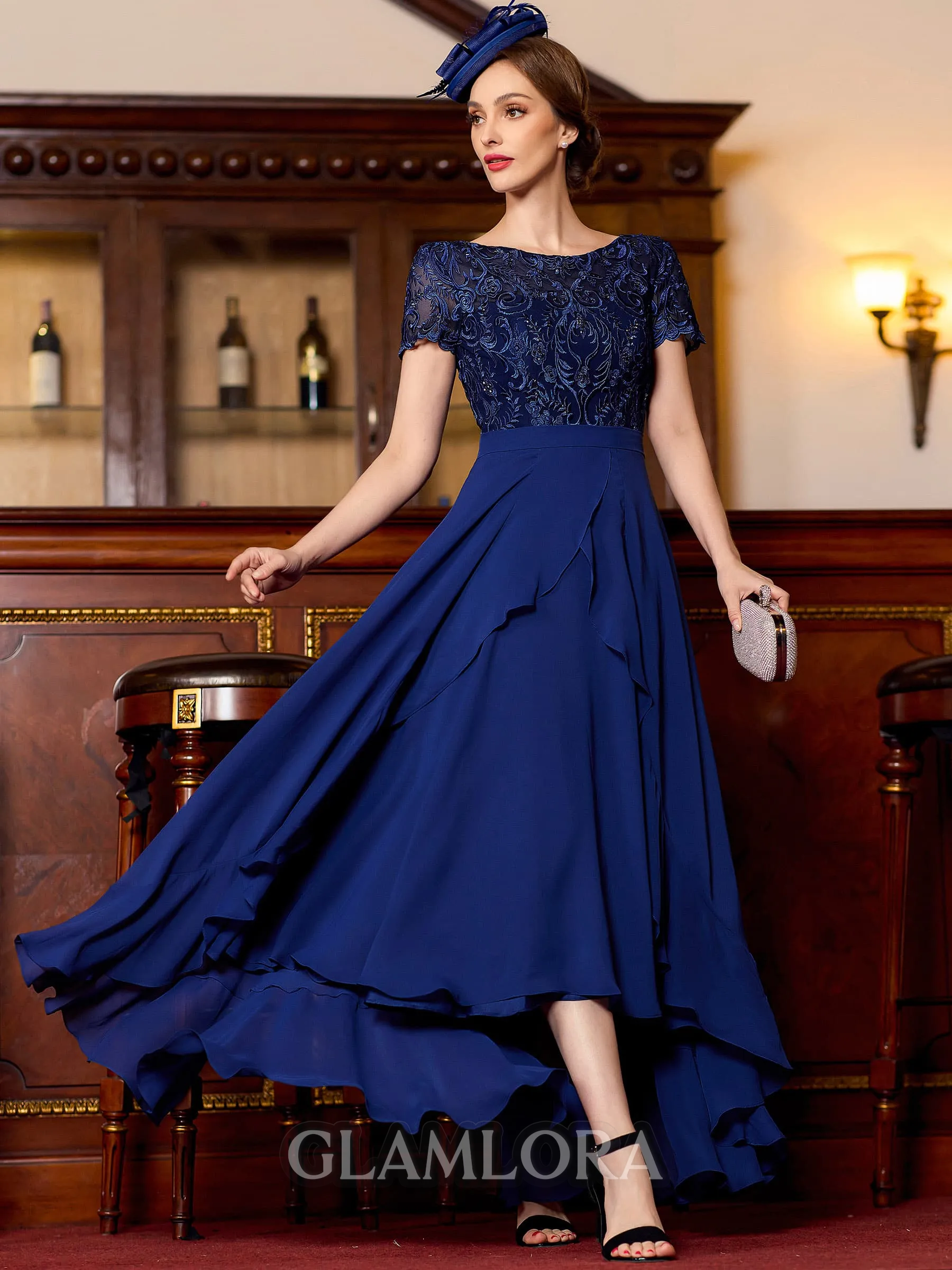 Modest A-Line Chiffon Applique Bateau Short Sleeves Asymmetrical Mother of the Bride Dress
