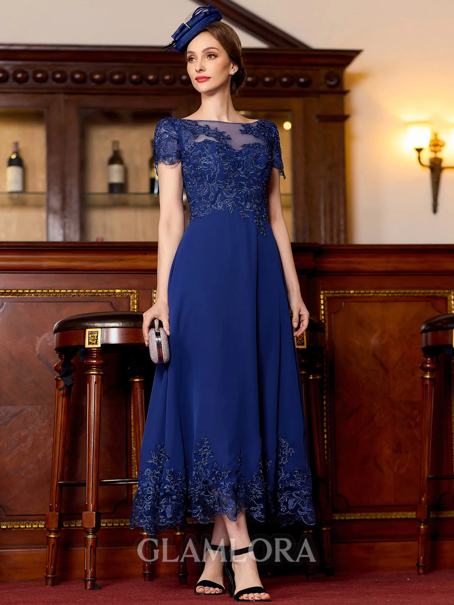 Immaculate A-Line Chiffon Applique Bateau Short Sleeves Tea-Length Mother of the Bride Dress