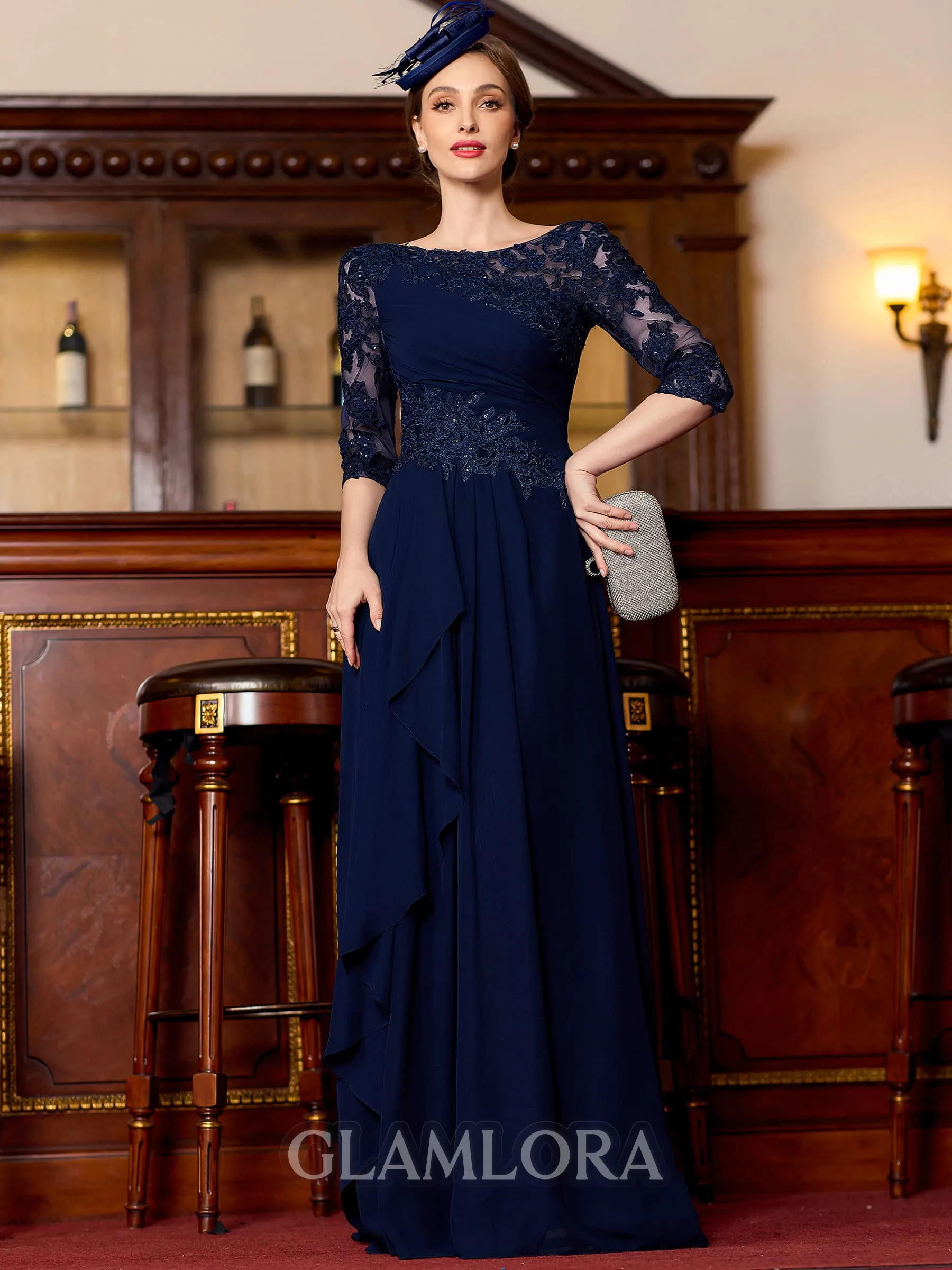 Understated A-Line Chiffon Applique Bateau 3/4 Sleeves Floor-Length Mother of the Bride Dress