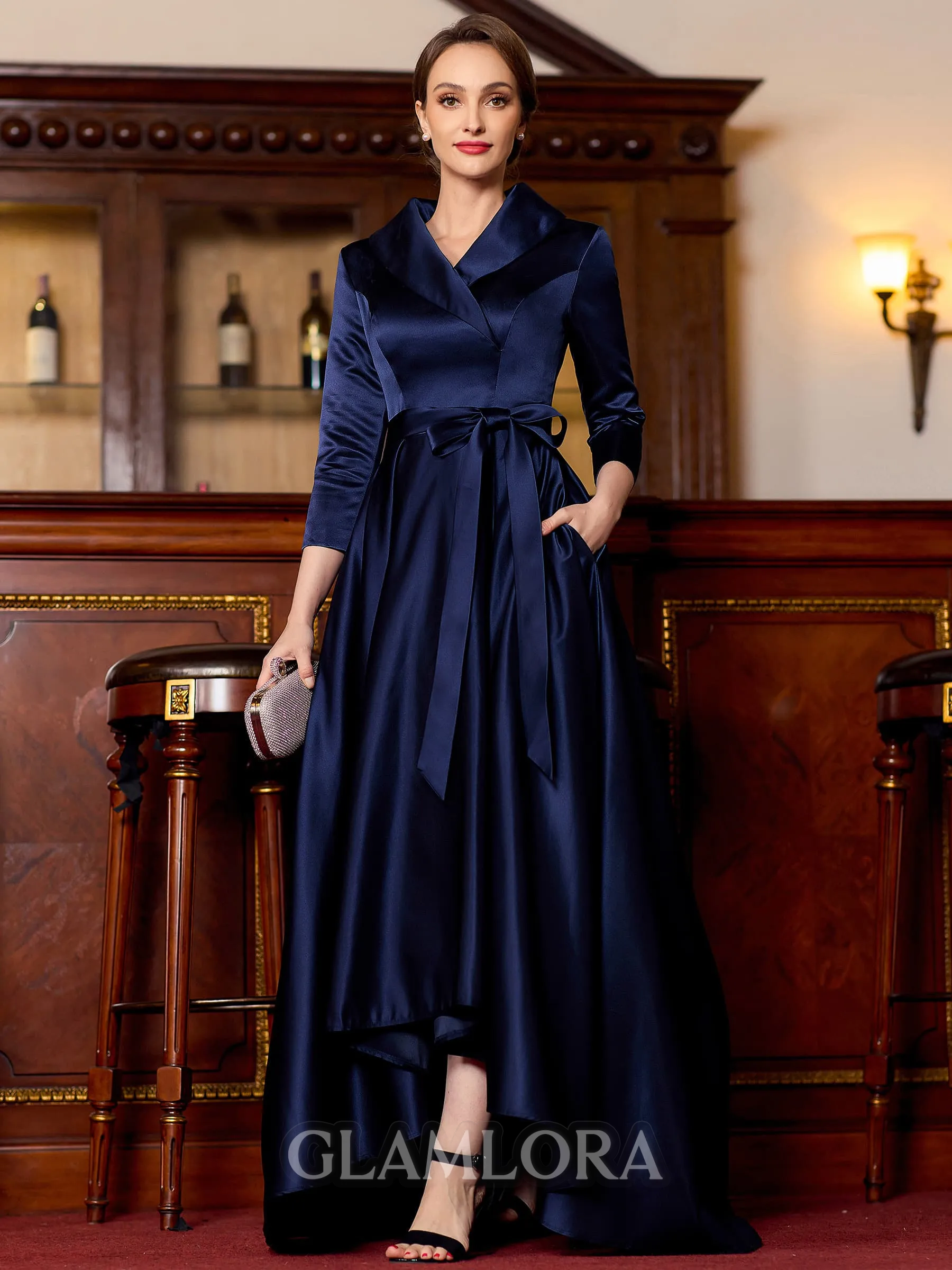 Charming A-Line Satin Ruched V-Neck Long Sleeves Asymmetrical Mother of the Bride Dress