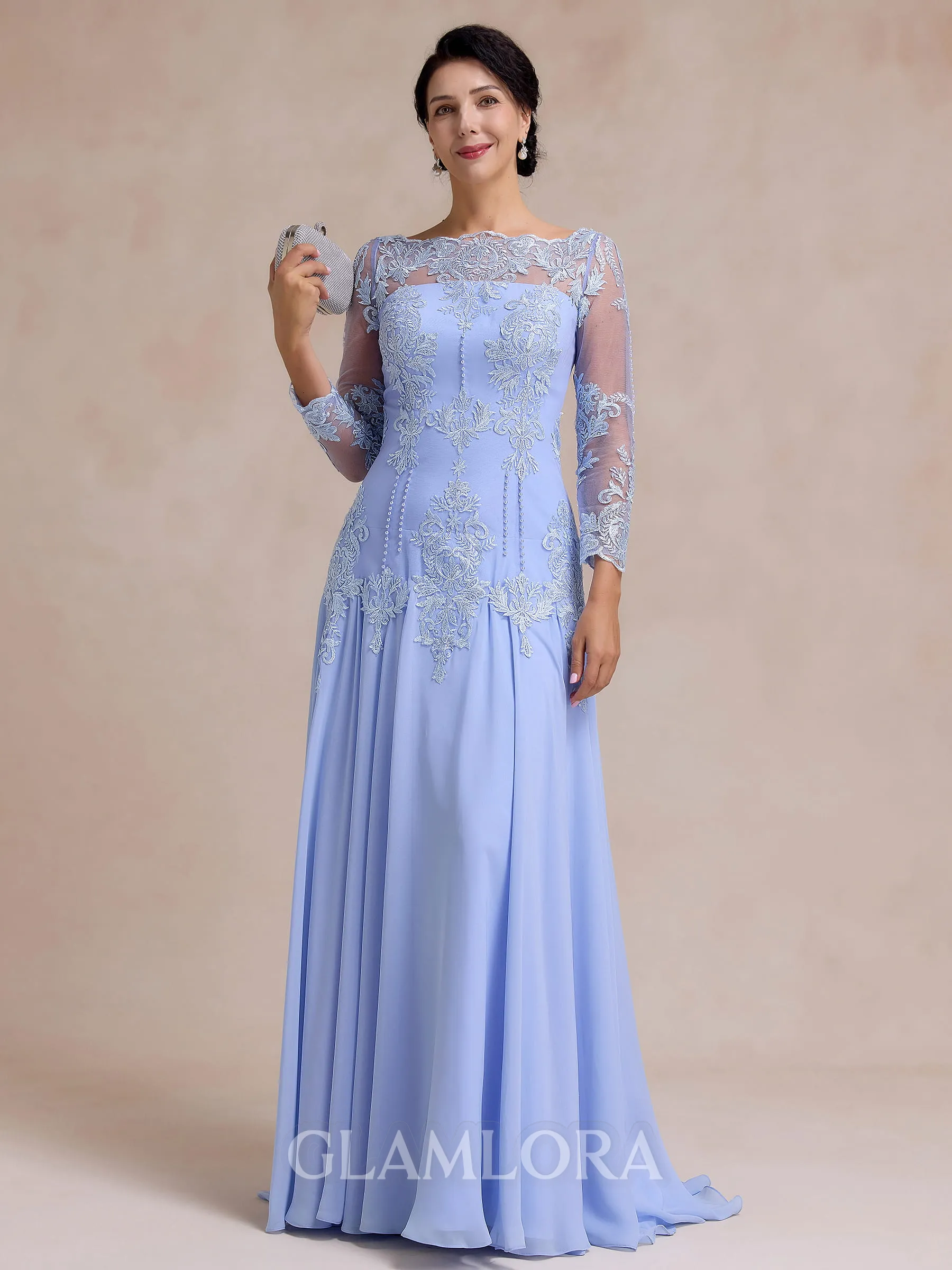 Unique A-line Bateau Long Sleeves Appliques Lace Sweep Train Chiffon Mother of the Bride Dress