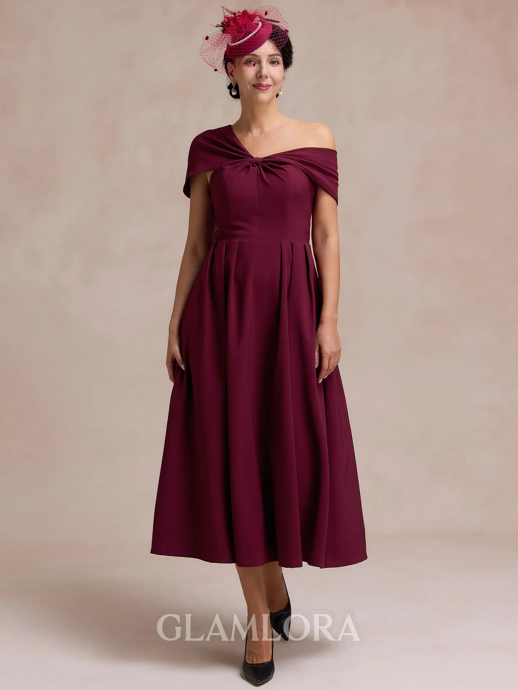 Flattering A-line Pleated Ankle-Length Stretch Crepe Mother of the Bride Dress
