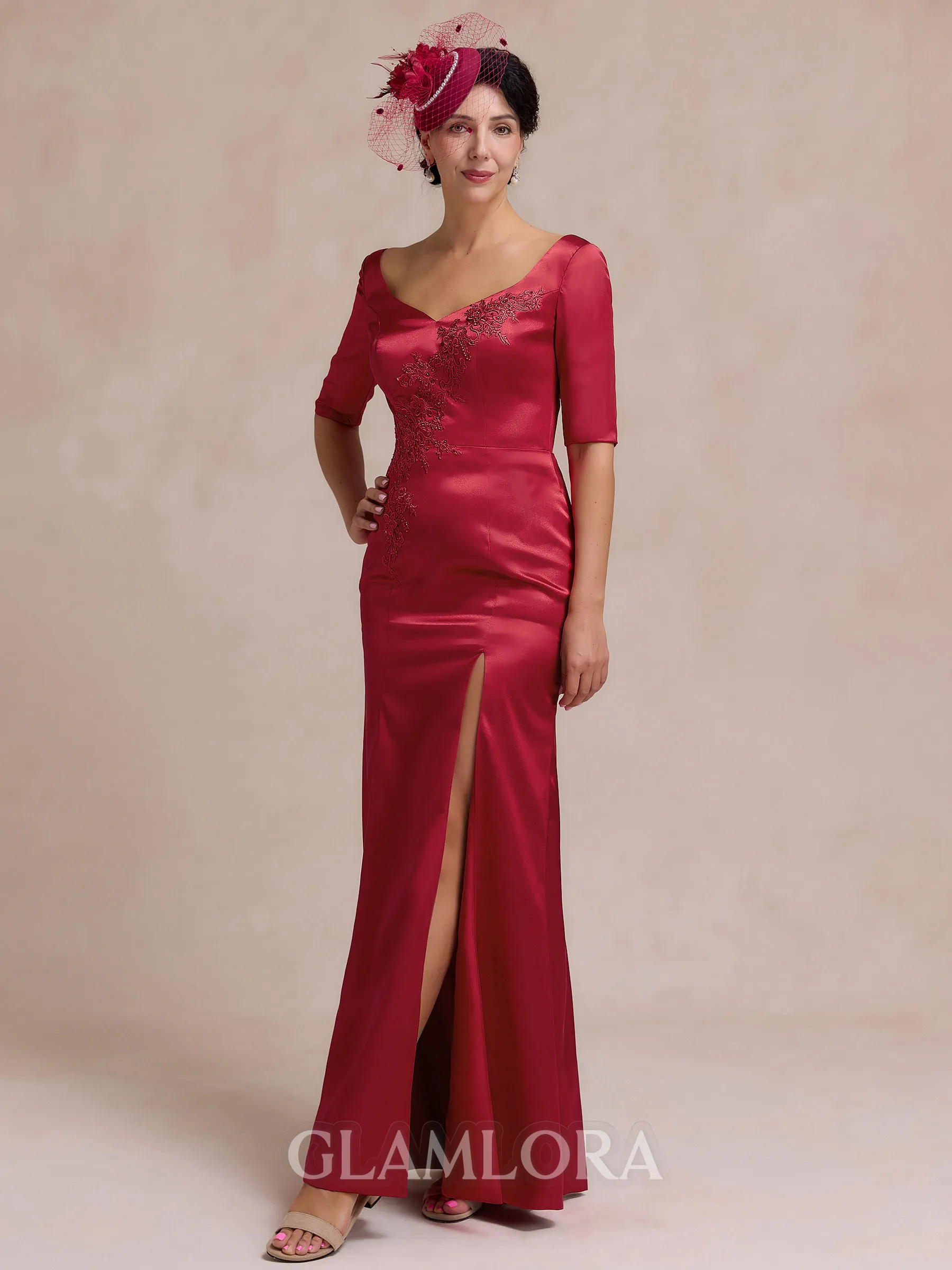 Graceful Sheath V-Neck 1/2 Sleeves Appliques Lace Floor-Length Silk like Satin Mother of the Bride Dress