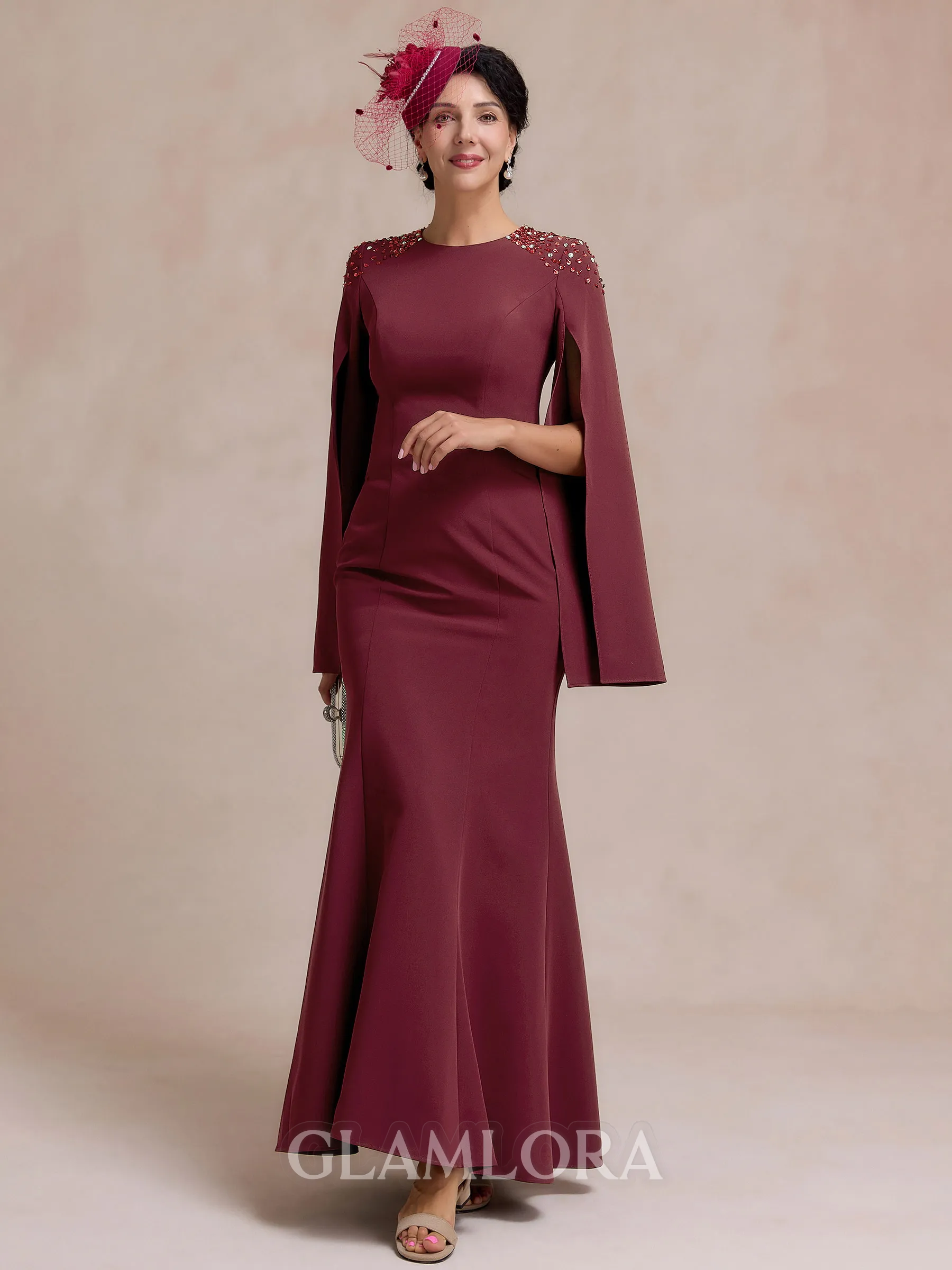 Charming Sheath Scoop Long Sleeves Rhinestone Floor-Length Stretch Crepe Mother of the Bride Dress