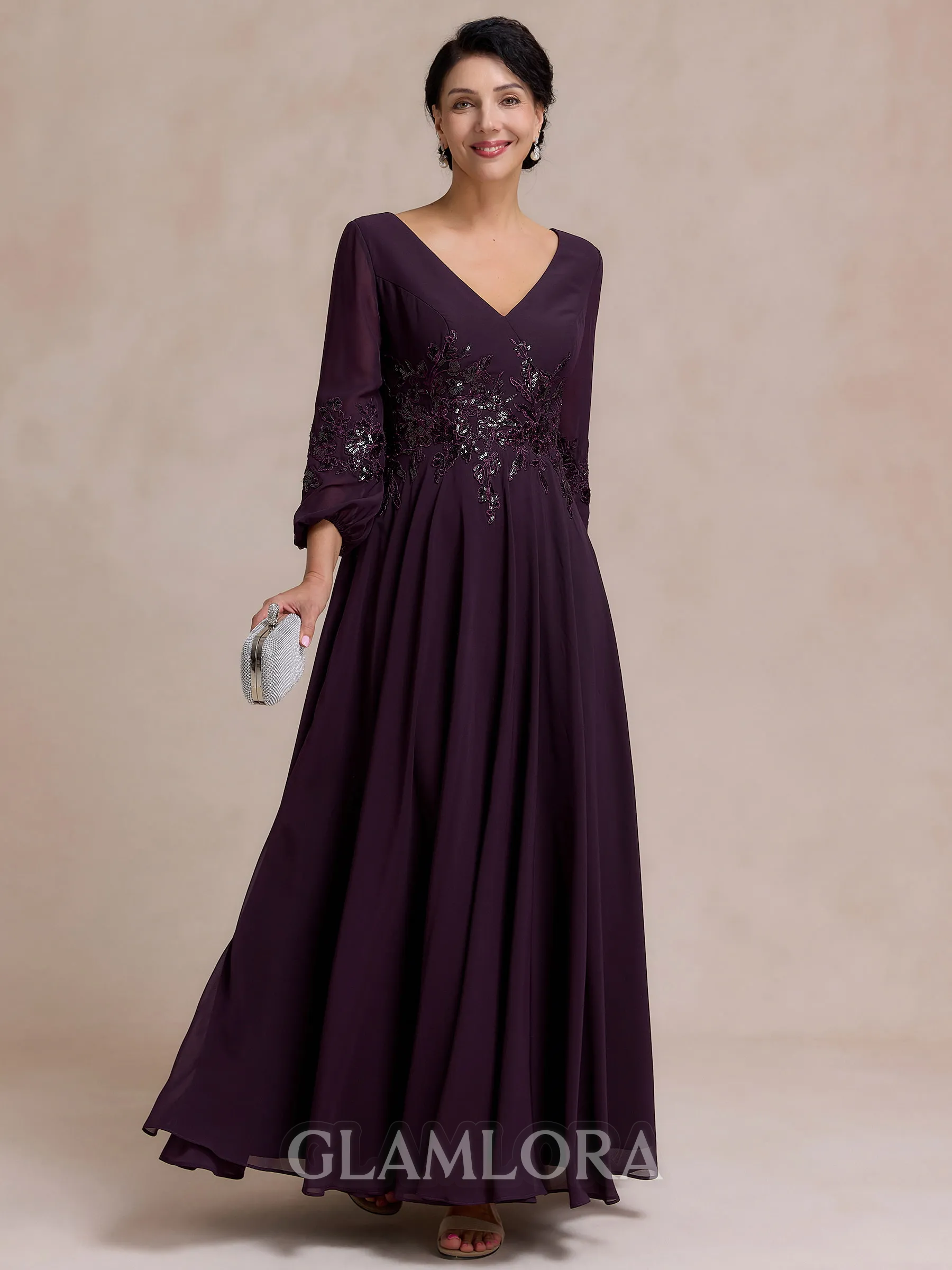 Stylish A-line V-Neck Long Sleeves Appliques Lace Ankle-Length Chiffon Mother of the Bride Dress