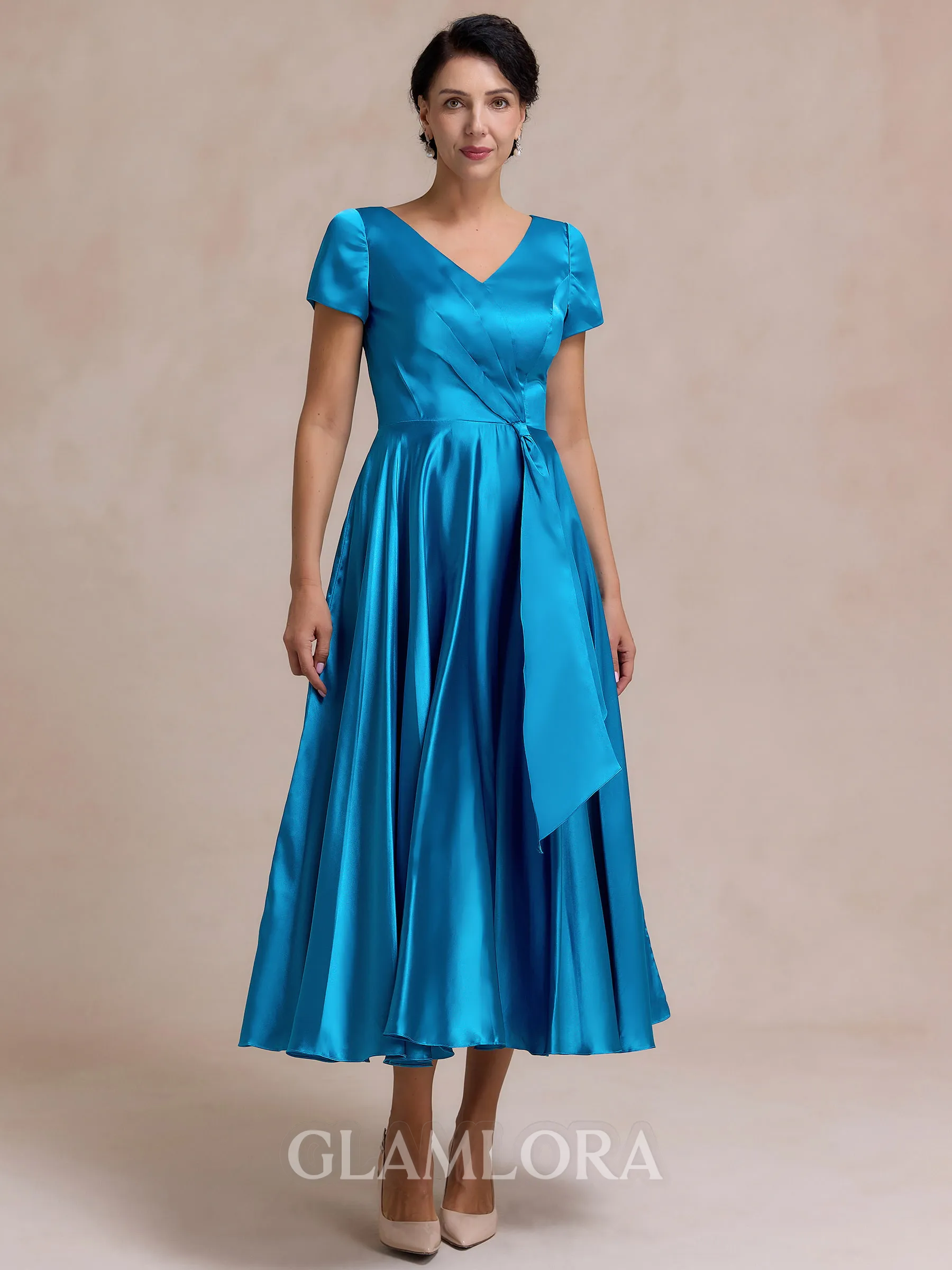 Glamorous A-line V-Neck Short Sleeves Pleated Ankle-Length Silk Like Satin Mother of the Bride Dress