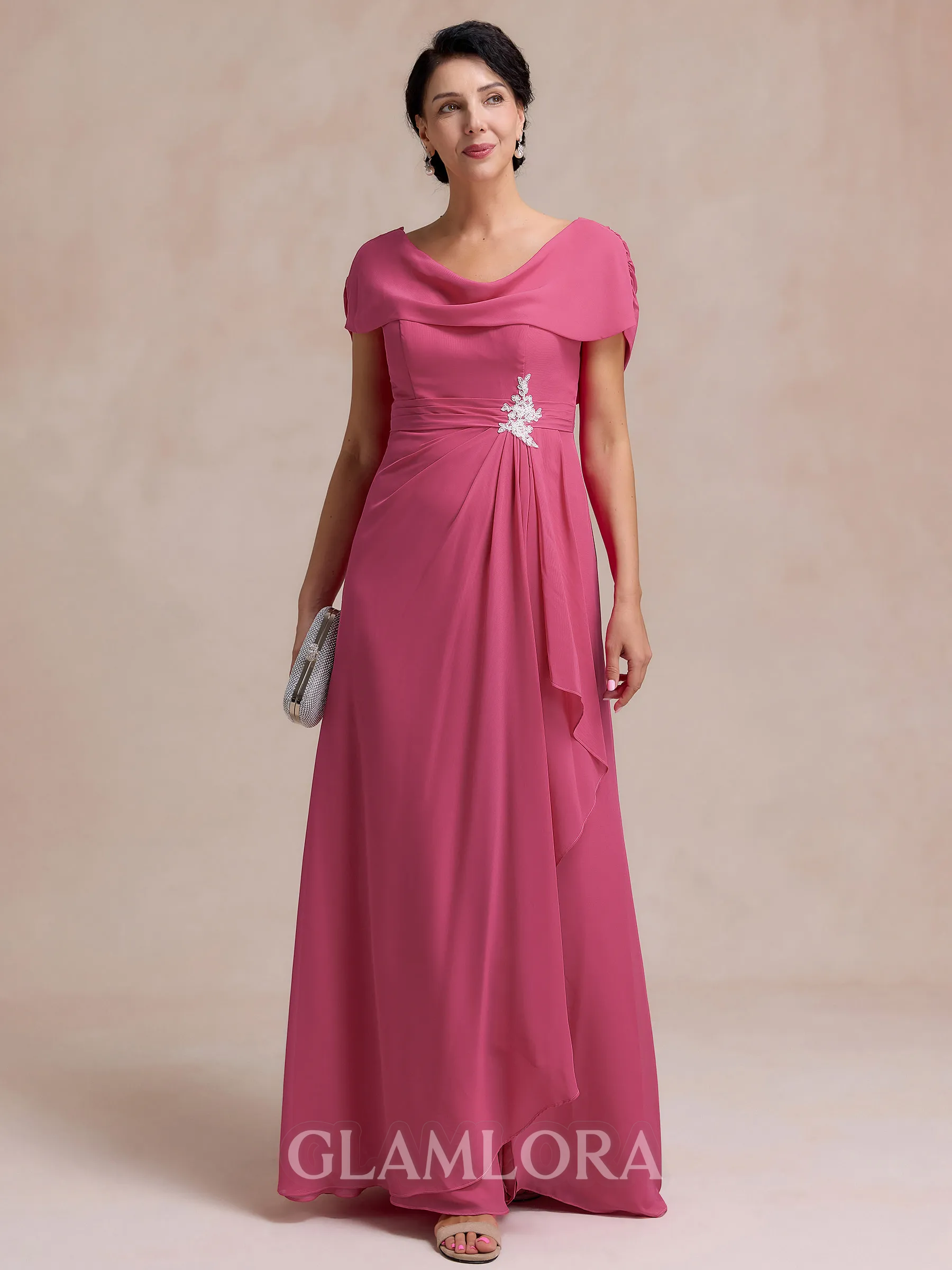 Timeless A-line Scoop Short Sleeves Appliques Lace Floor-Length Chiffon Mother of the Bride Dress