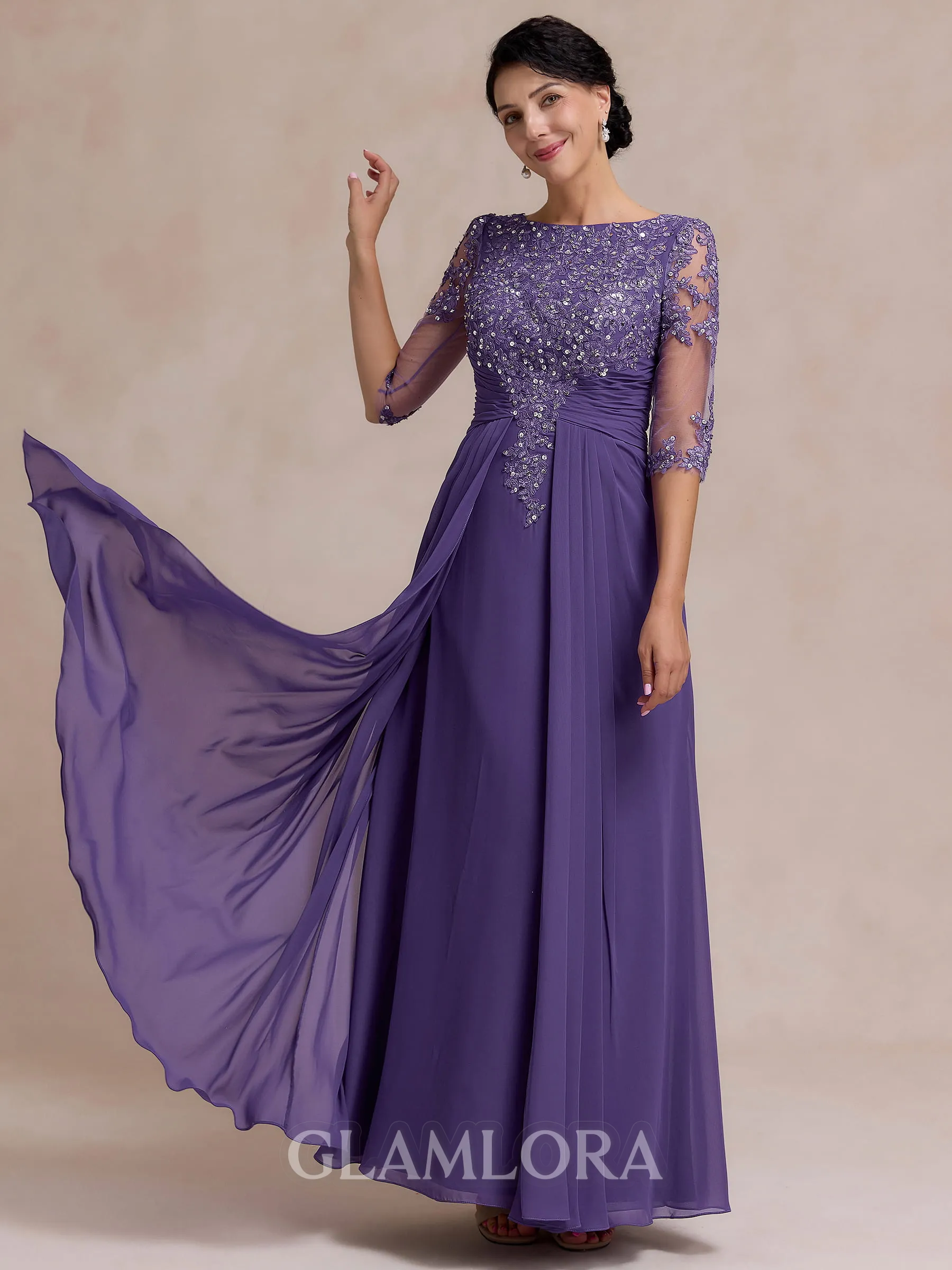 Modest A-line Scoop 1/2 Sleeves Appliques Lace Floor-Length Chiffon Mother of the Bride Dress