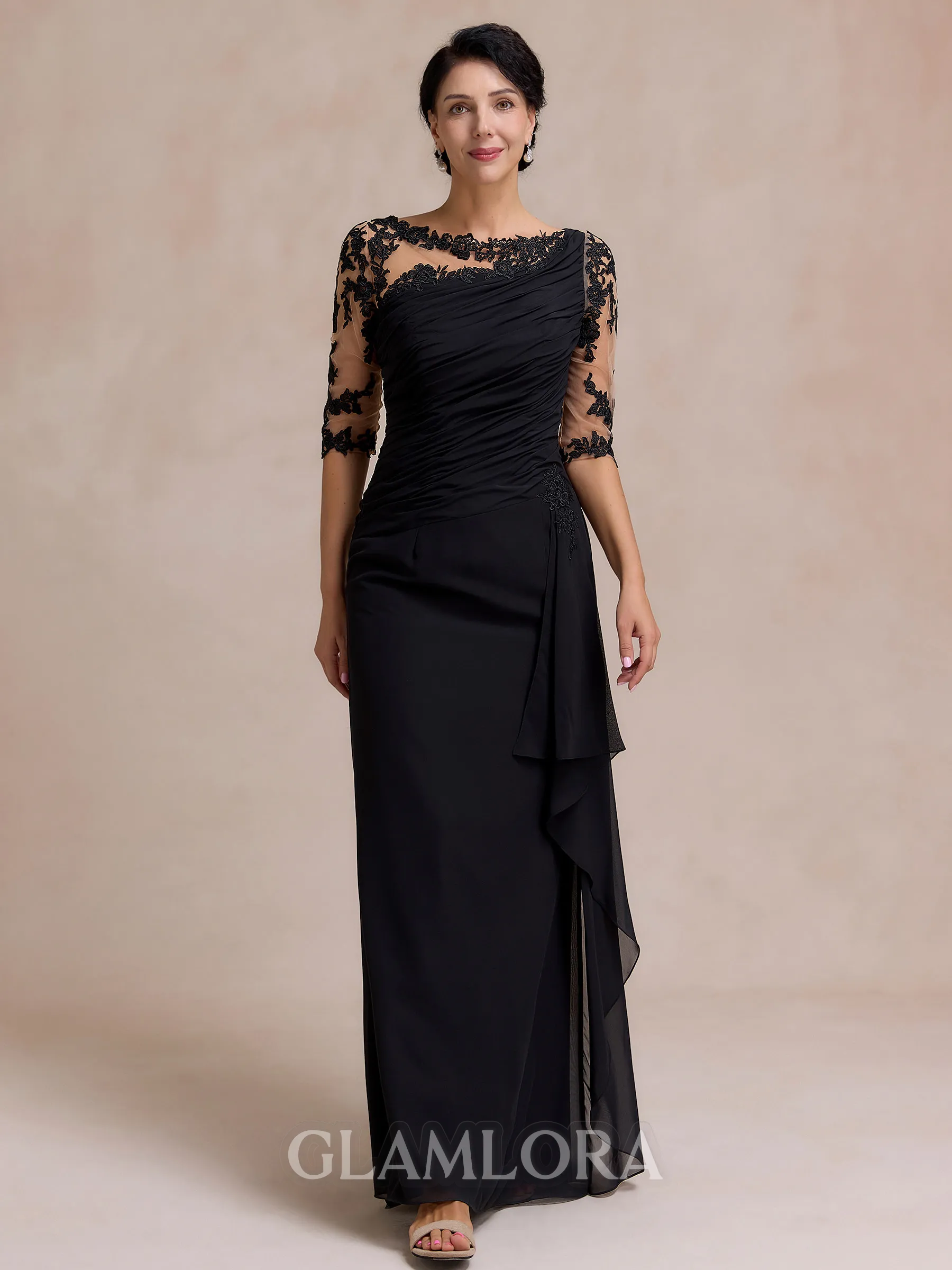 Unique Sheath Scoop 1/2 Sleeves Appliques Lace Floor-Length Chiffon Mother of the Bride Dress
