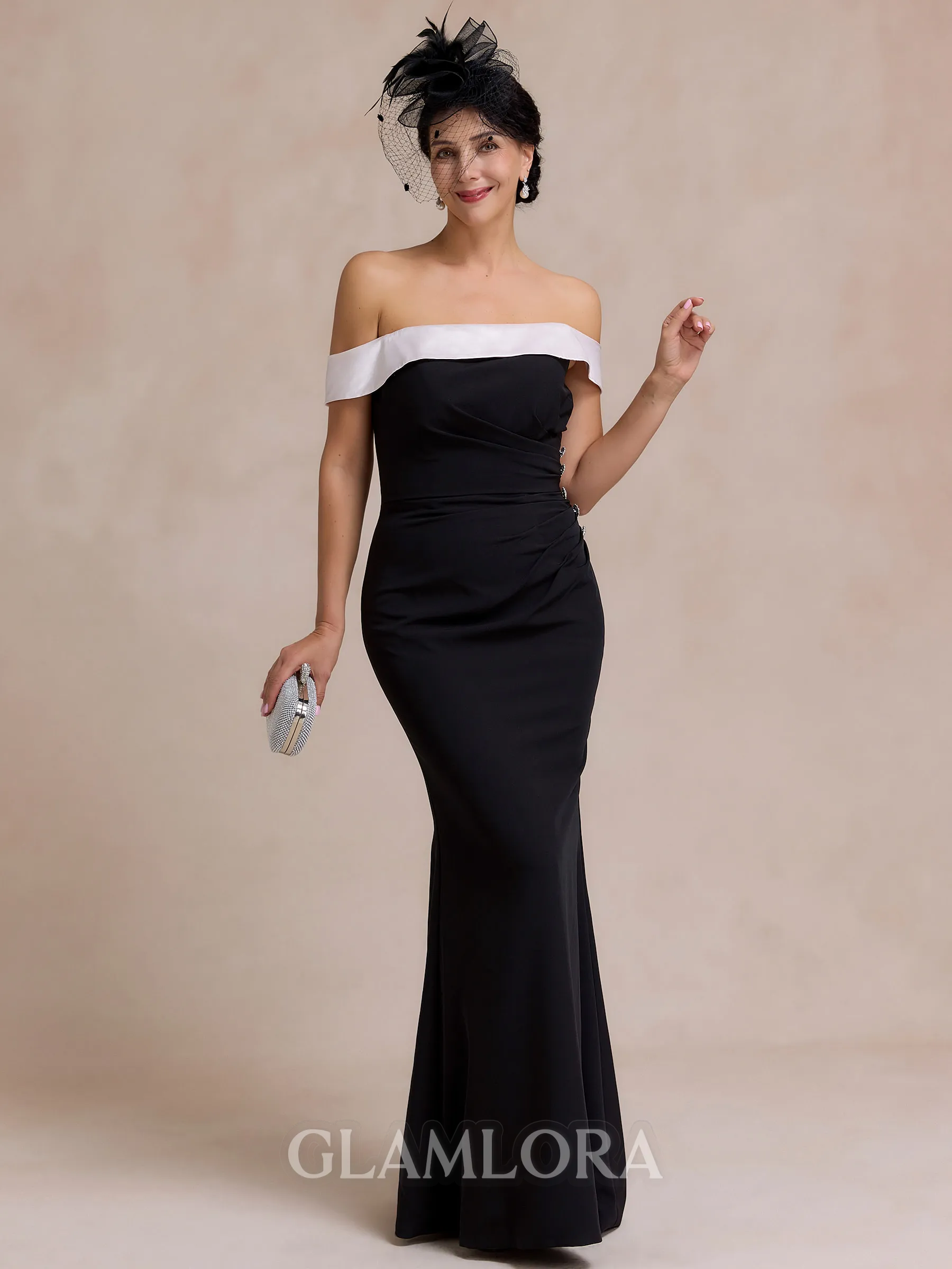 Sophisticated Sheath Off-the-Shoulder Floor-Length Stretch Crepe Mother of the Bride Dress